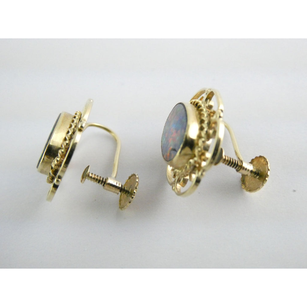 Antique ARA Art Deco 9k Yellow Gold Opal Doublet Screwback Earrings 4.3g .75 In