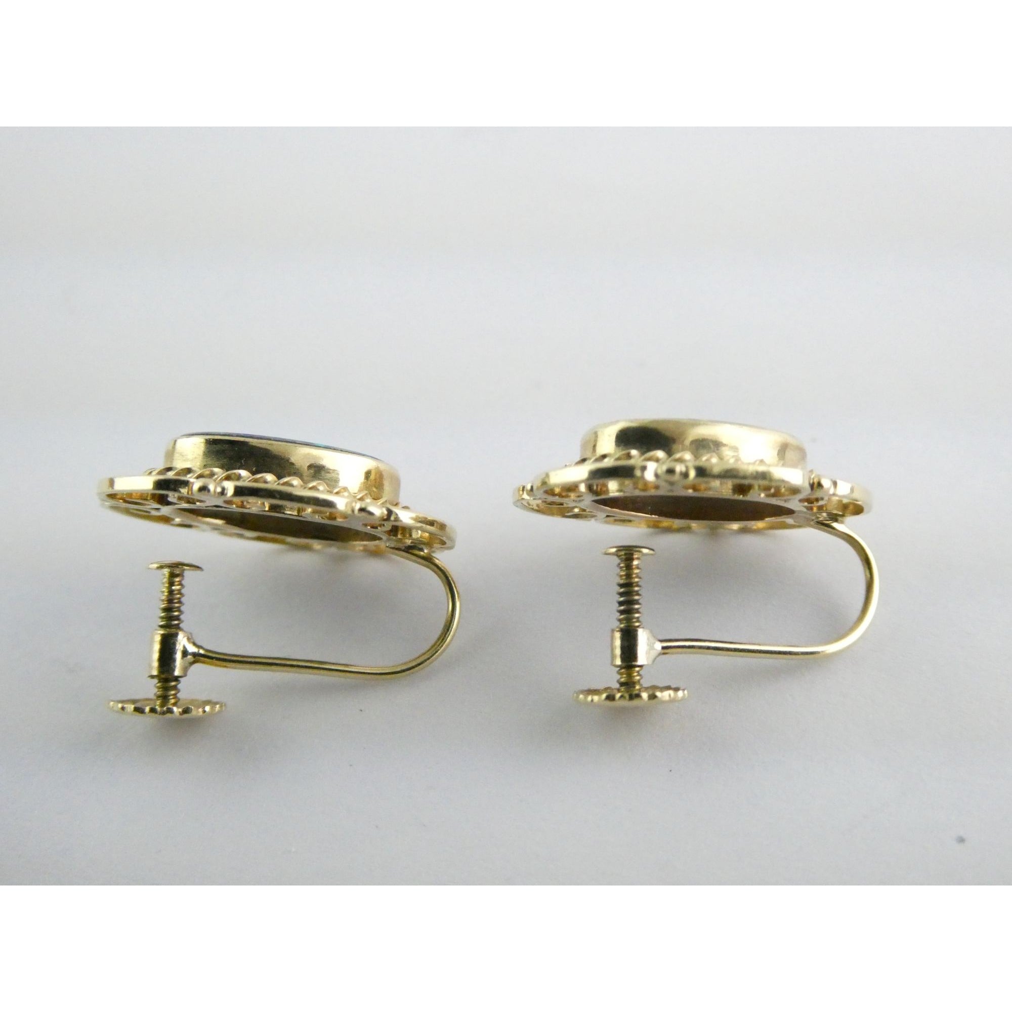 Antique ARA Art Deco 9k Yellow Gold Opal Doublet Screwback Earrings 4.3g .75 In