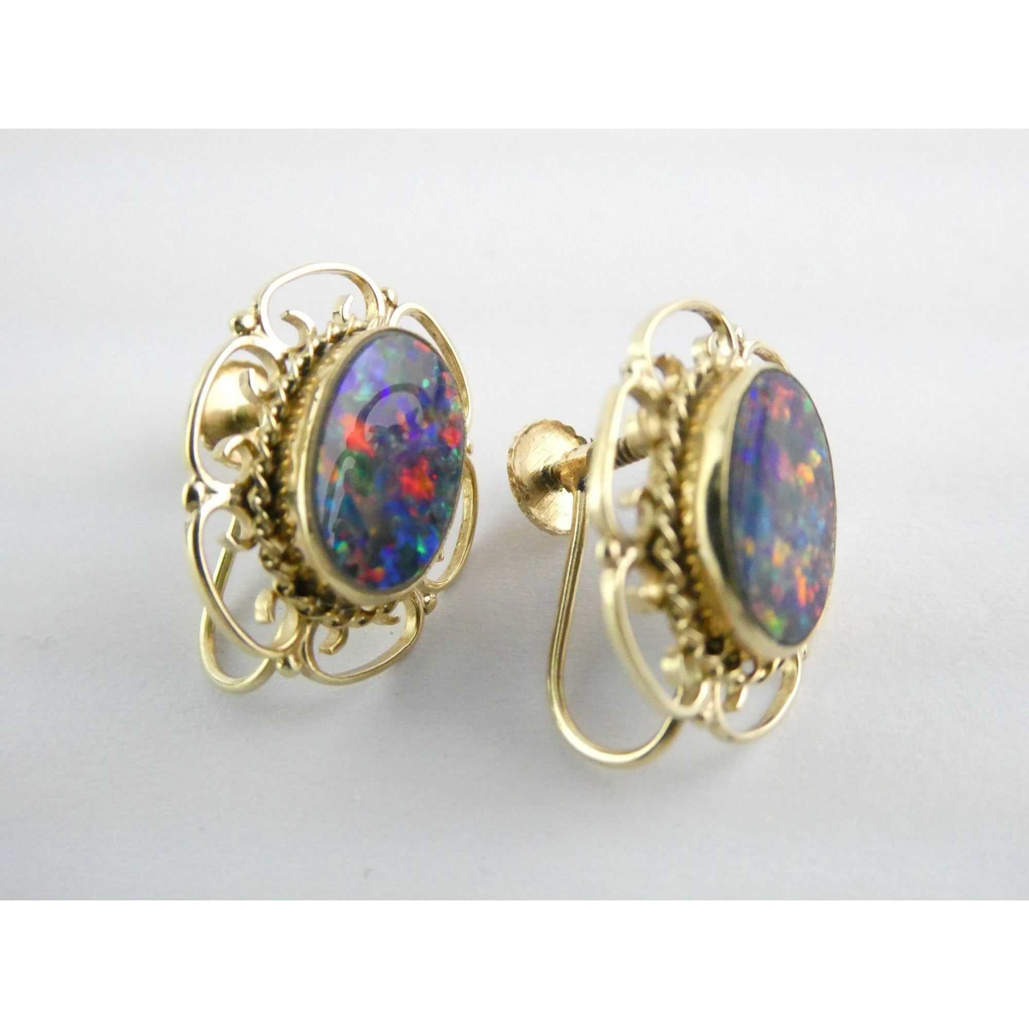 Antique ARA Art Deco 9k Yellow Gold Opal Doublet Screwback Earrings 4.3g .75 In