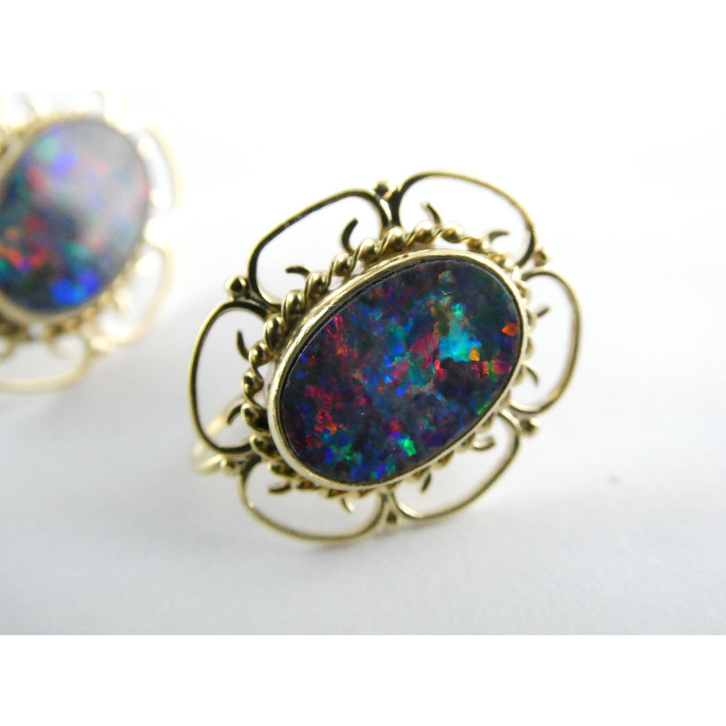 Antique ARA Art Deco 9k Yellow Gold Opal Doublet Screwback Earrings 4.3g .75 In