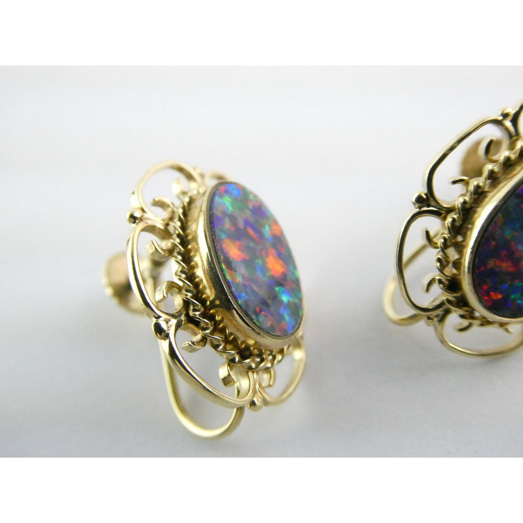 Antique ARA Art Deco 9k Yellow Gold Opal Doublet Screwback Earrings 4.3g .75 In