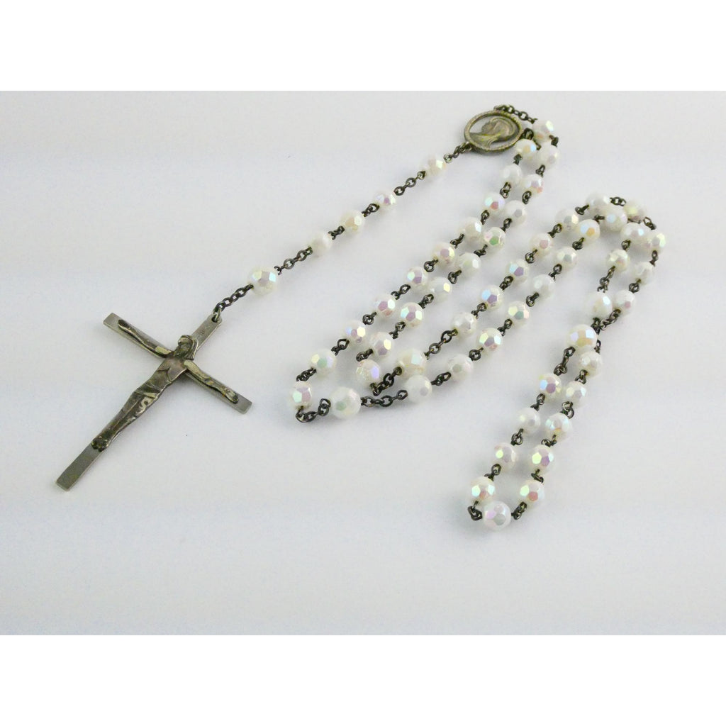 Vintage Chapel Sterling Silver Iridescent Beaded Rosary with Crucifix 42g Weight