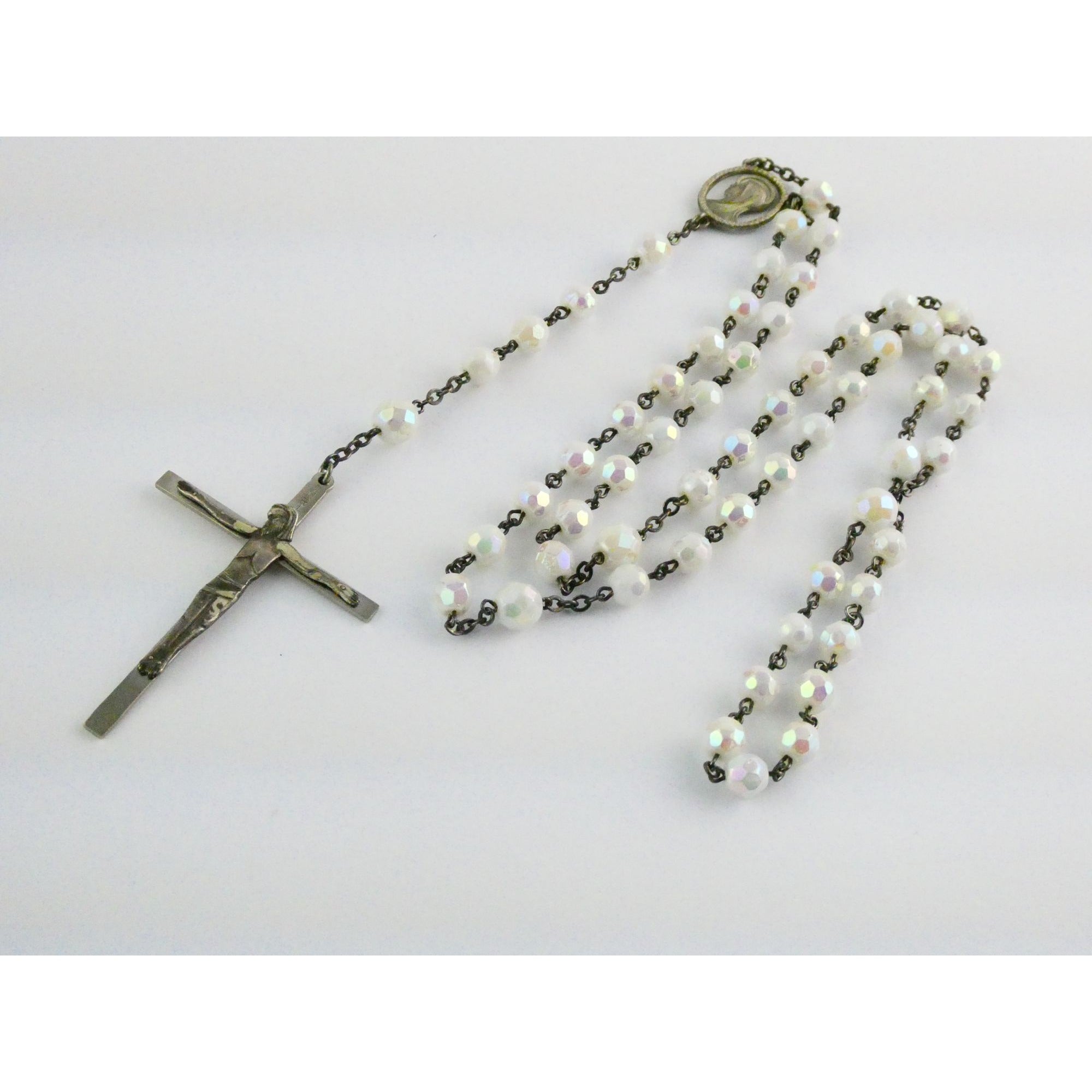 Vintage Chapel Sterling Silver Iridescent Beaded Rosary with Crucifix 42g Weight