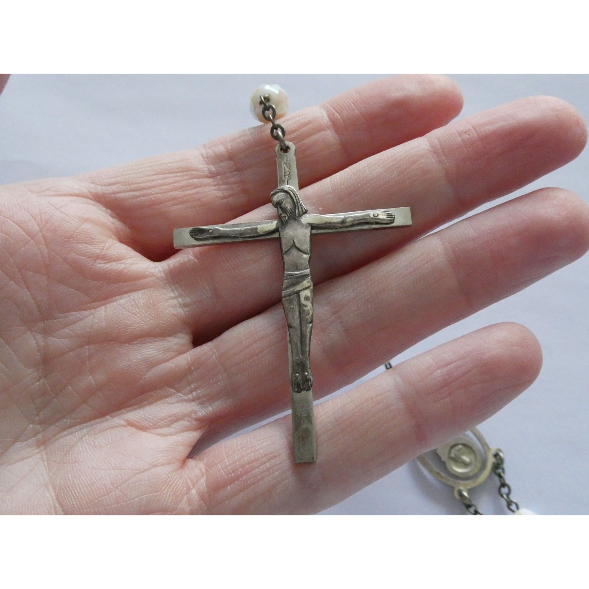 Vintage Chapel Sterling Silver Iridescent Beaded Rosary with Crucifix 42g Weight
