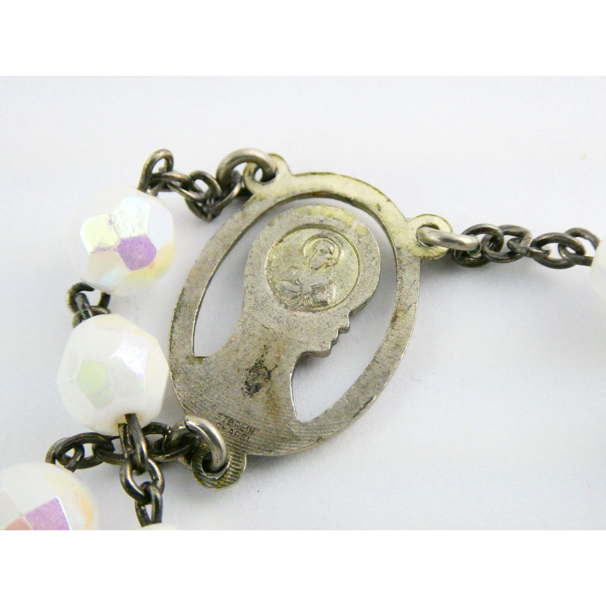 Vintage Chapel Sterling Silver Iridescent Beaded Rosary with Crucifix 42g Weight