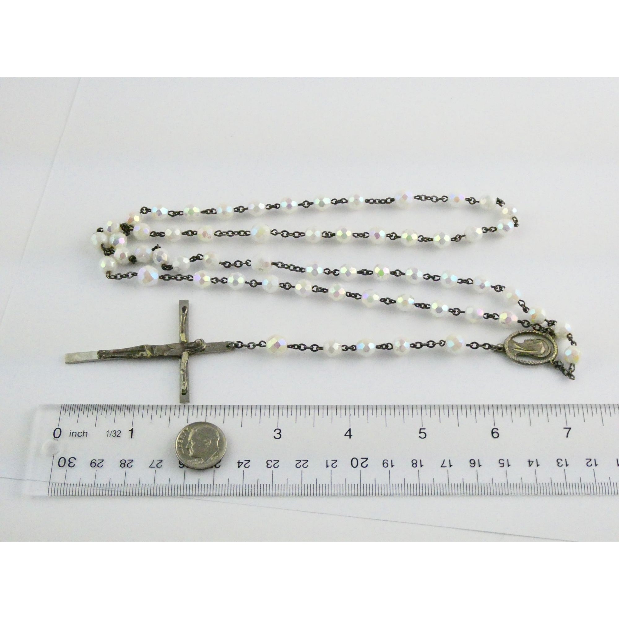Vintage Chapel Sterling Silver Iridescent Beaded Rosary with Crucifix 42g Weight