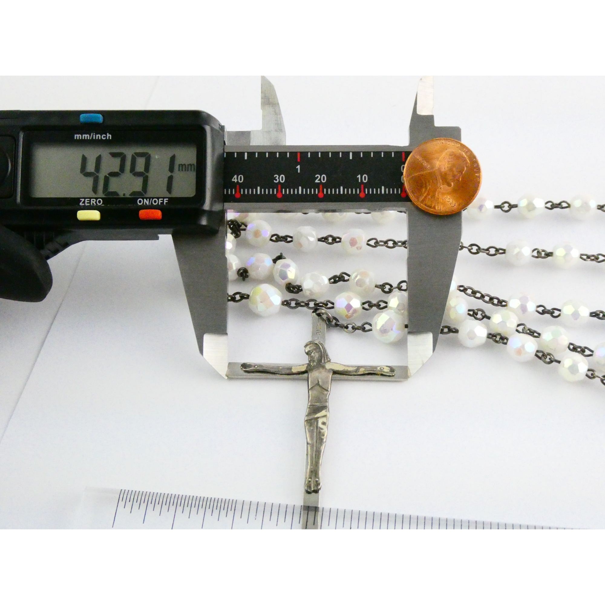 Vintage Chapel Sterling Silver Iridescent Beaded Rosary with Crucifix 42g Weight