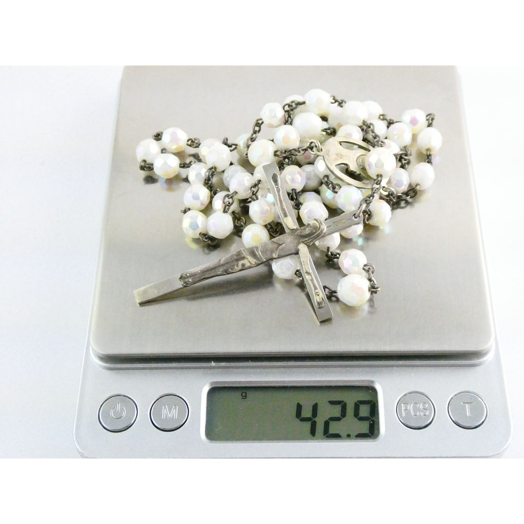 Vintage Chapel Sterling Silver Iridescent Beaded Rosary with Crucifix 42g Weight