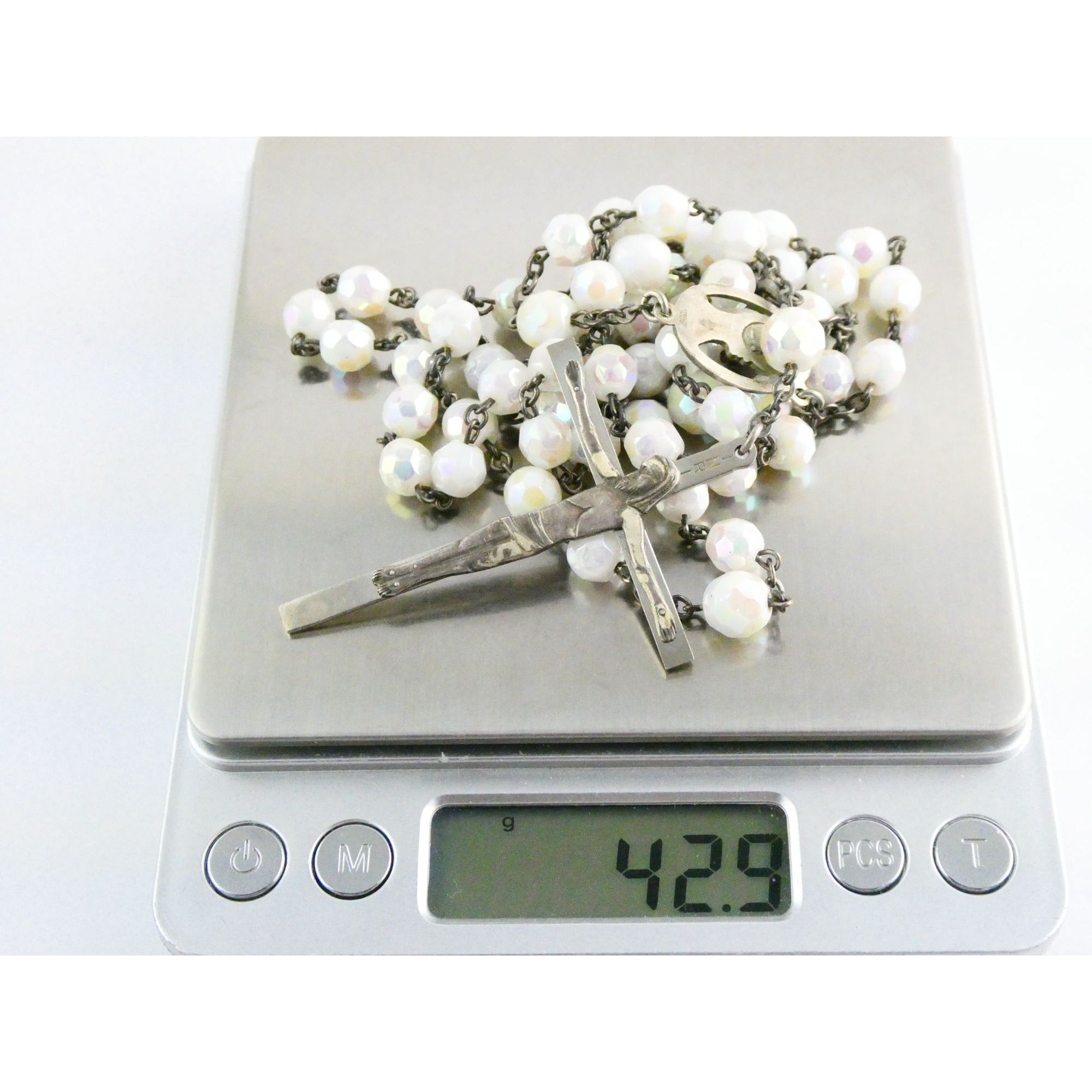 Vintage Chapel Sterling Silver Iridescent Beaded Rosary with Crucifix 42g Weight