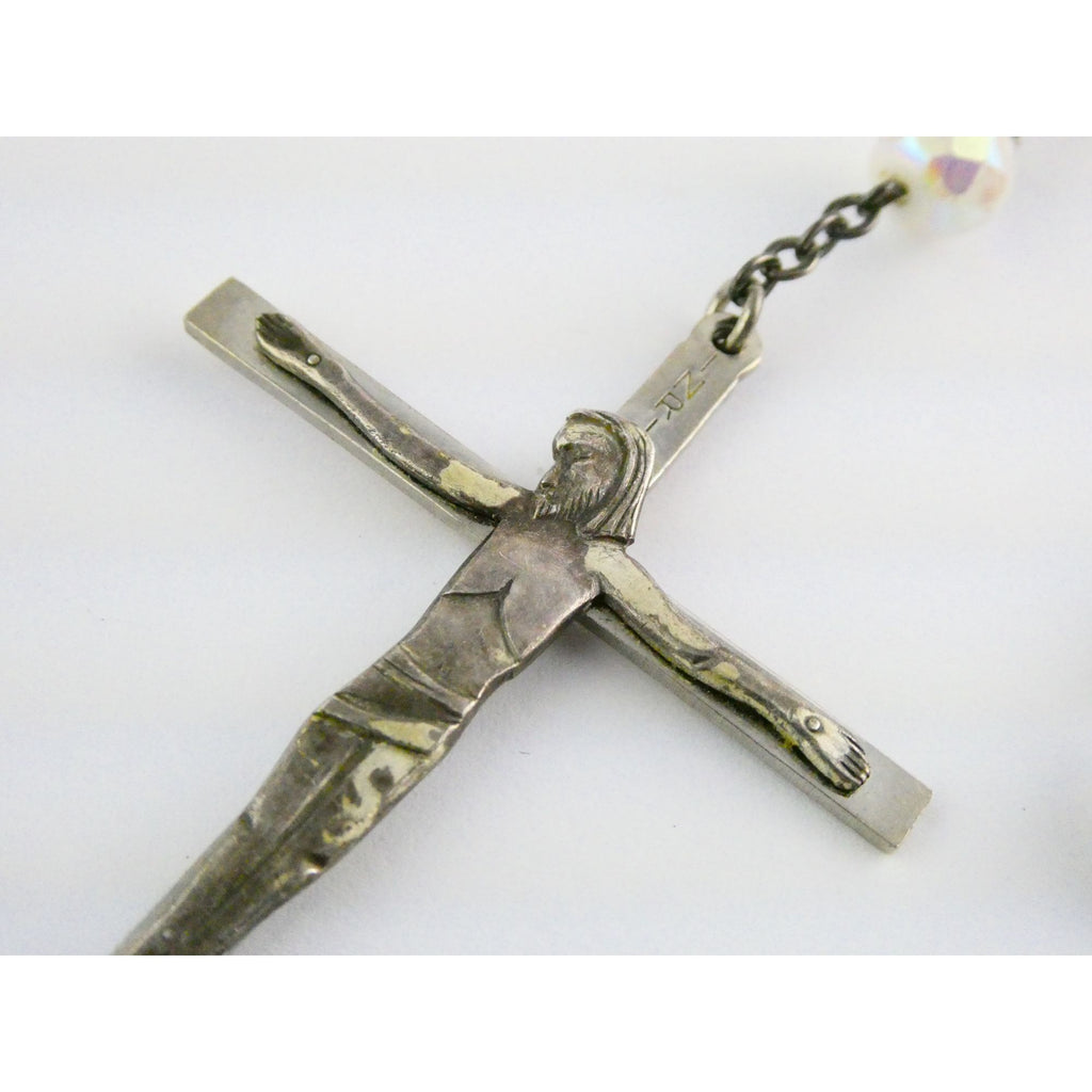 Vintage Chapel Sterling Silver Iridescent Beaded Rosary with Crucifix 42g Weight