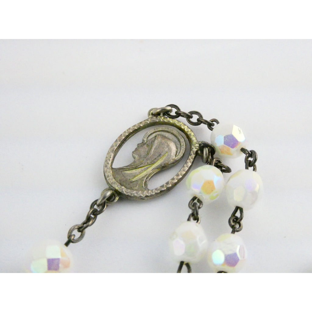 Vintage Chapel Sterling Silver Iridescent Beaded Rosary with Crucifix 42g Weight