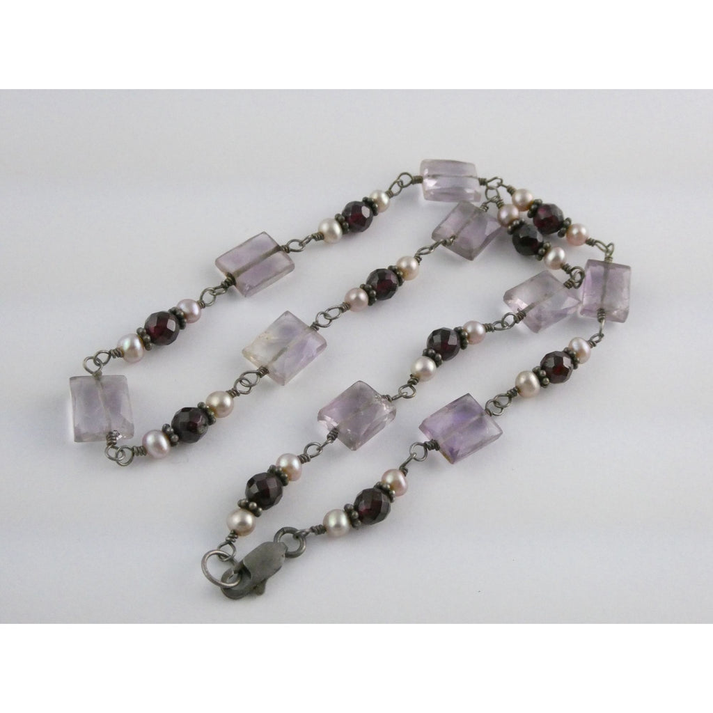 Sterling Silver Amethyst Garnet and Pearl Beaded Necklace 19g 17 Inch Length