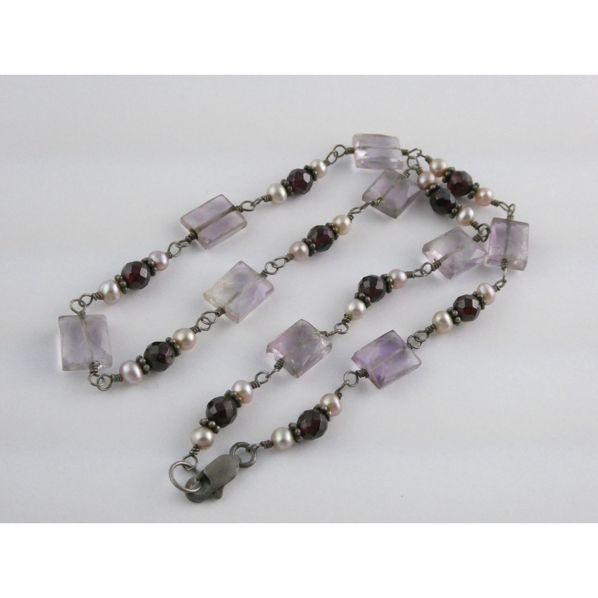 Sterling Silver Amethyst Garnet and Pearl Beaded Necklace 19g 17 Inch Length