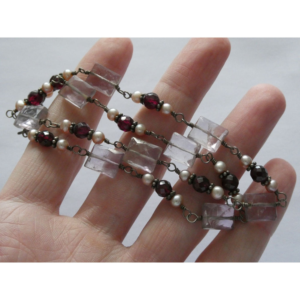 Sterling Silver Amethyst Garnet and Pearl Beaded Necklace 19g 17 Inch Length