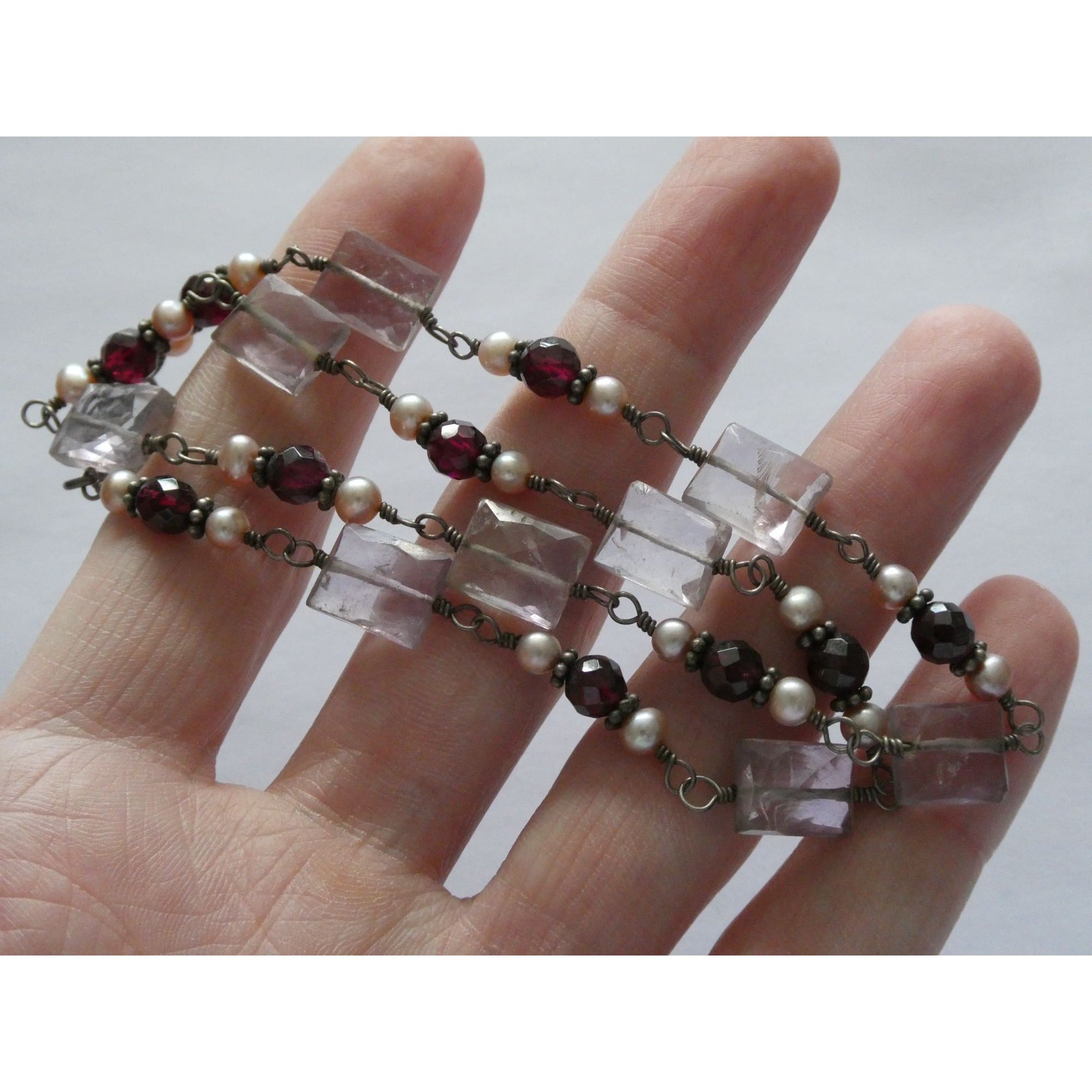 Sterling Silver Amethyst Garnet and Pearl Beaded Necklace 19g 17 Inch Length
