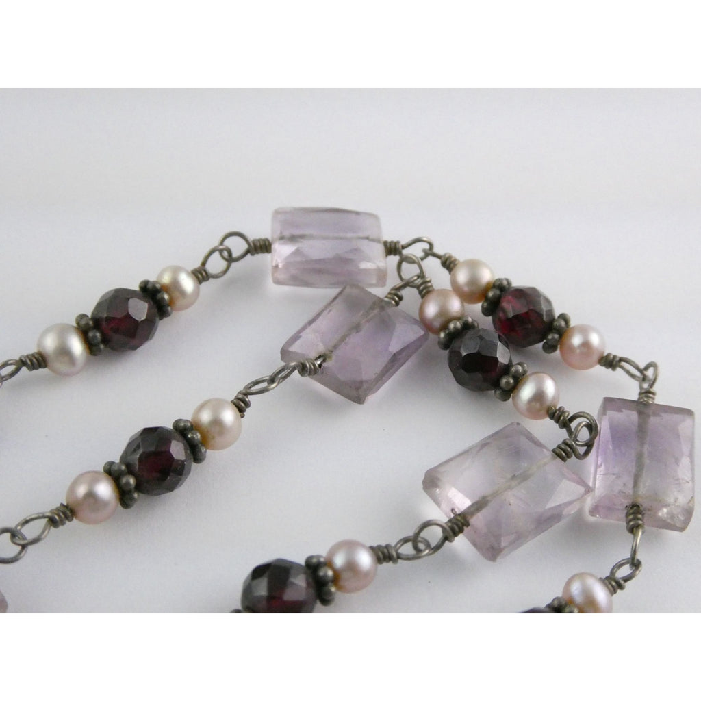 Sterling Silver Amethyst Garnet and Pearl Beaded Necklace 19g 17 Inch Length