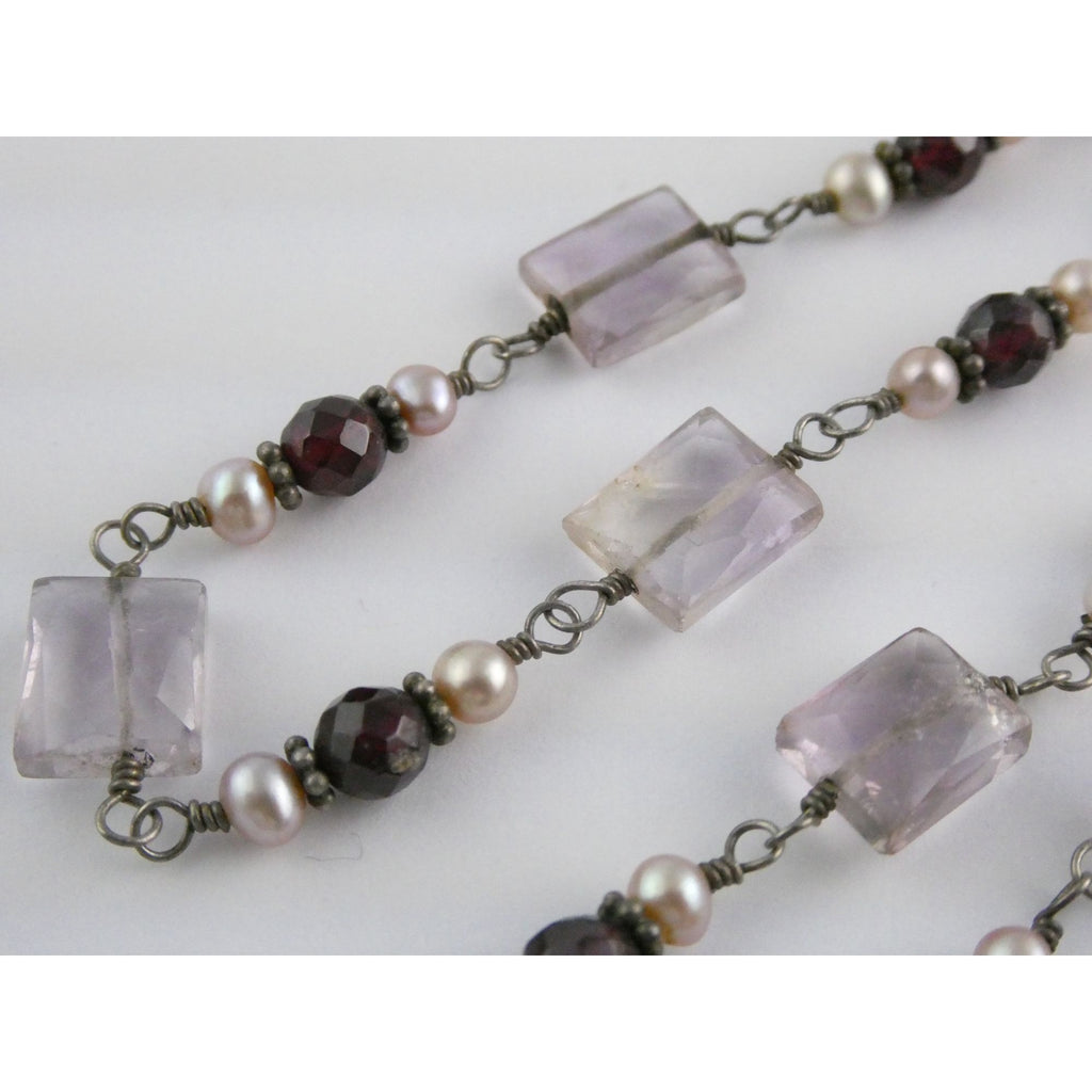 Sterling Silver Amethyst Garnet and Pearl Beaded Necklace 19g 17 Inch Length