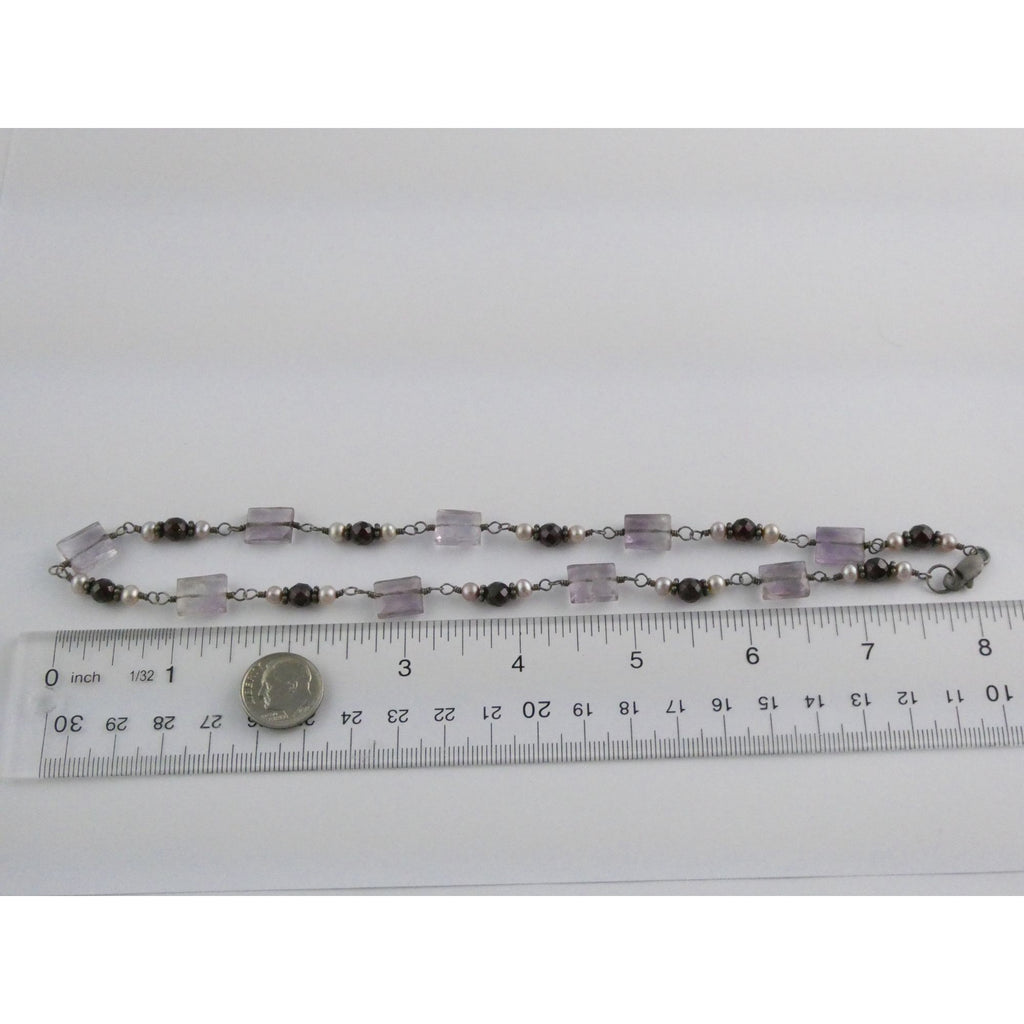 Sterling Silver Amethyst Garnet and Pearl Beaded Necklace 19g 17 Inch Length