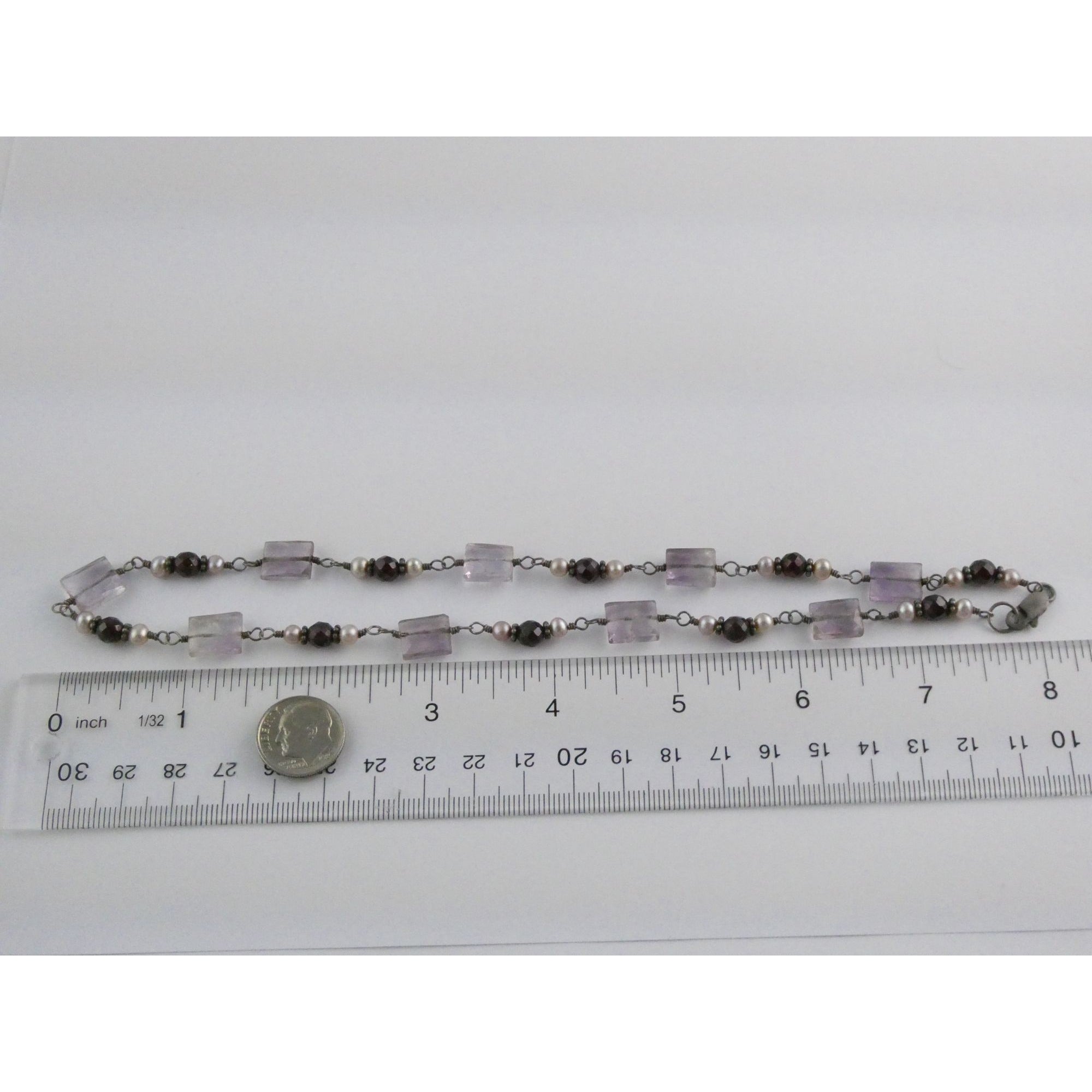 Sterling Silver Amethyst Garnet and Pearl Beaded Necklace 19g 17 Inch Length