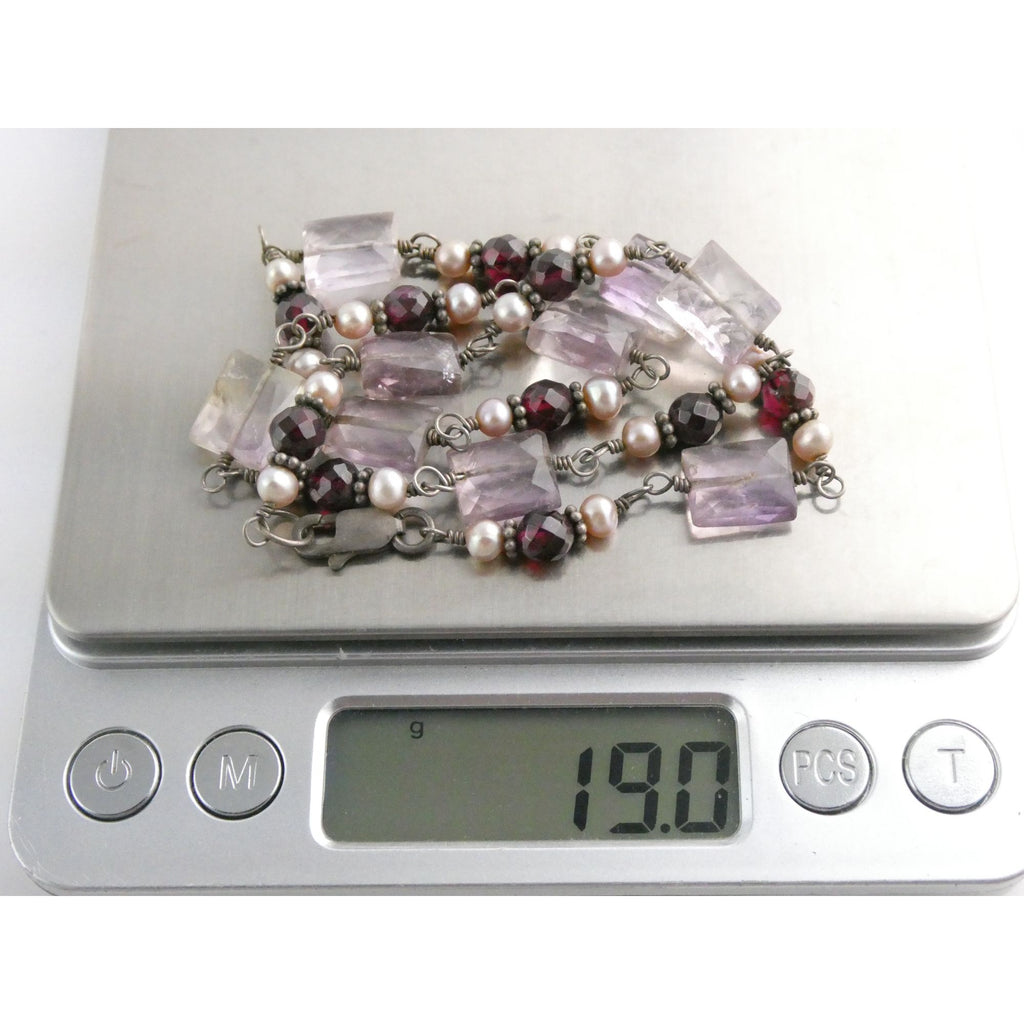 Sterling Silver Amethyst Garnet and Pearl Beaded Necklace 19g 17 Inch Length