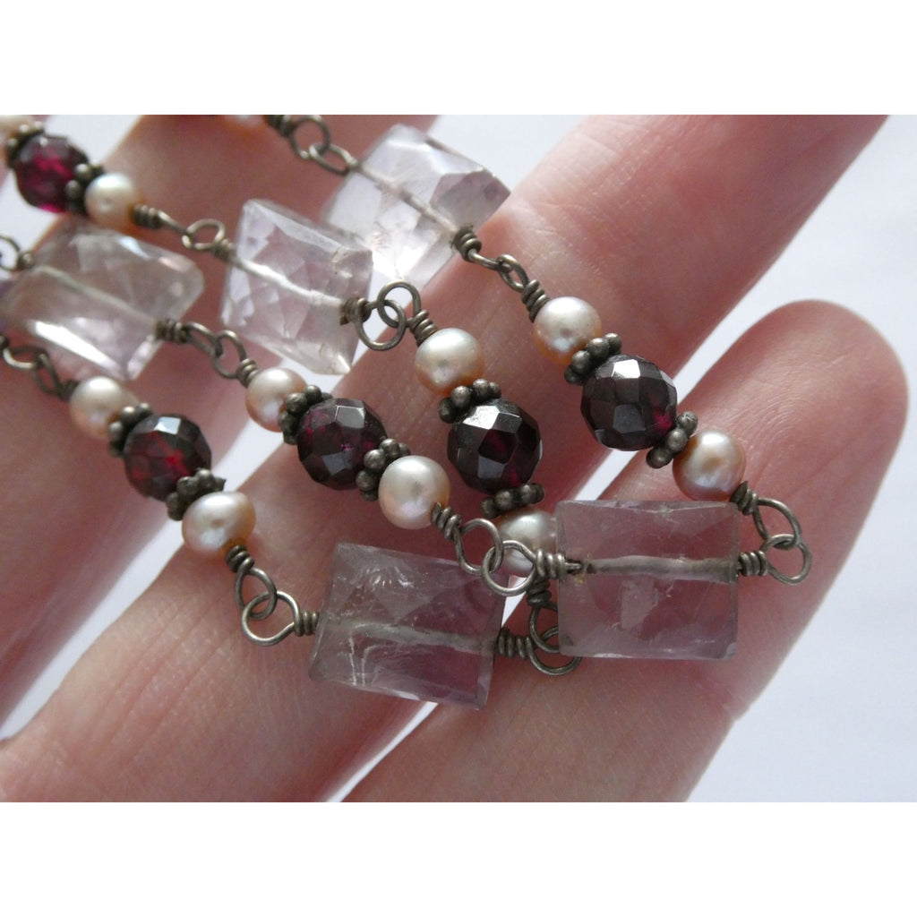 Sterling Silver Amethyst Garnet and Pearl Beaded Necklace 19g 17 Inch Length