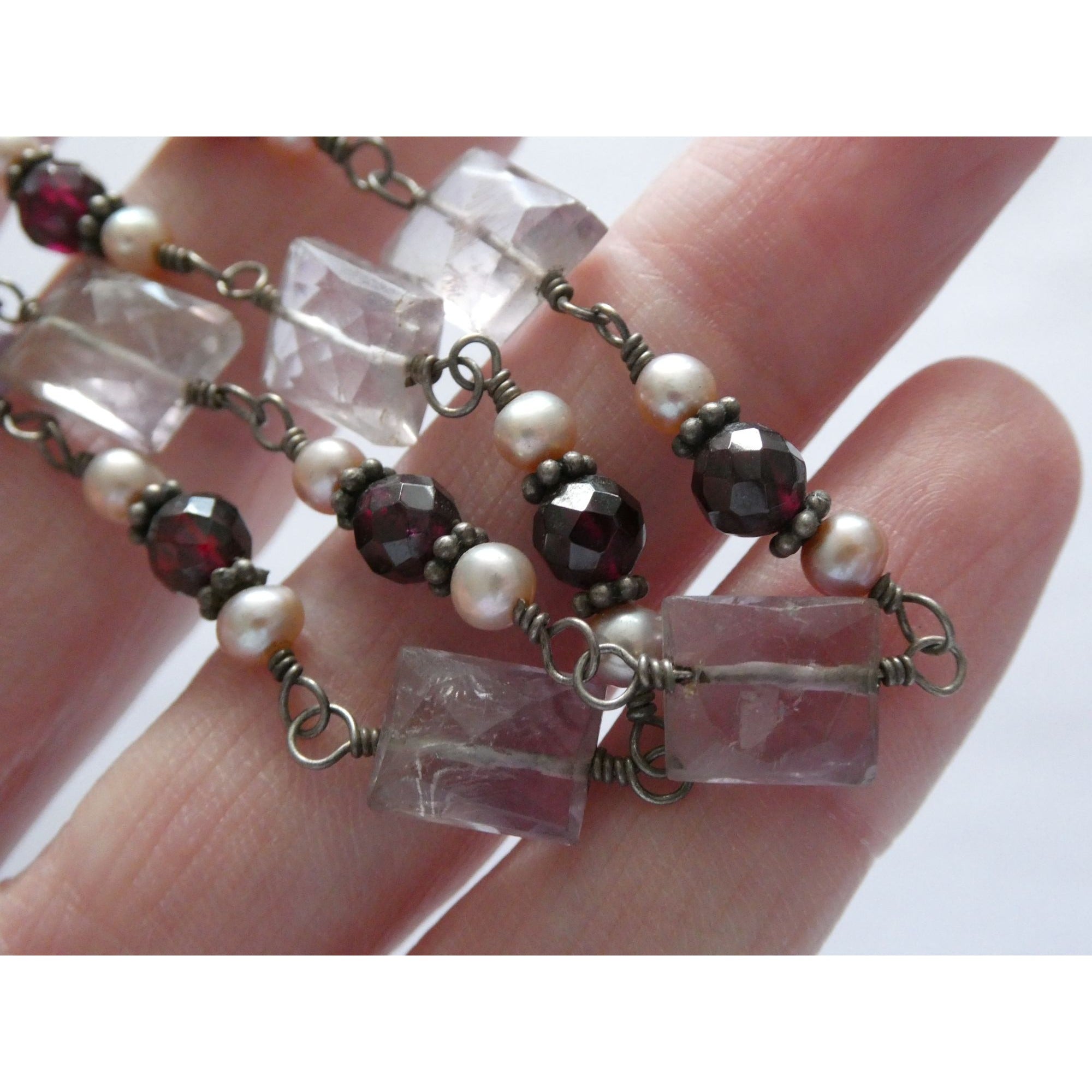 Sterling Silver Amethyst Garnet and Pearl Beaded Necklace 19g 17 Inch Length