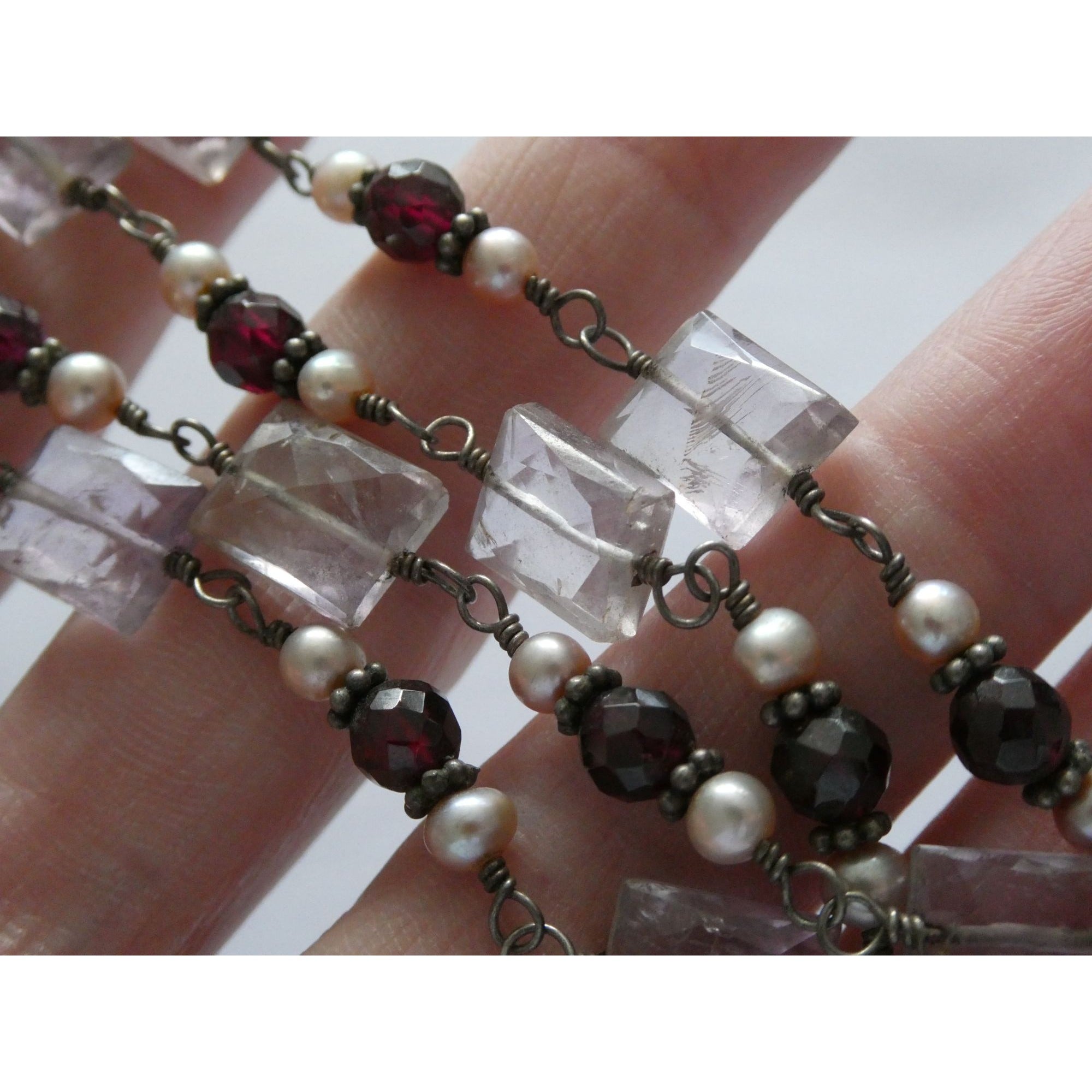 Sterling Silver Amethyst Garnet and Pearl Beaded Necklace 19g 17 Inch Length