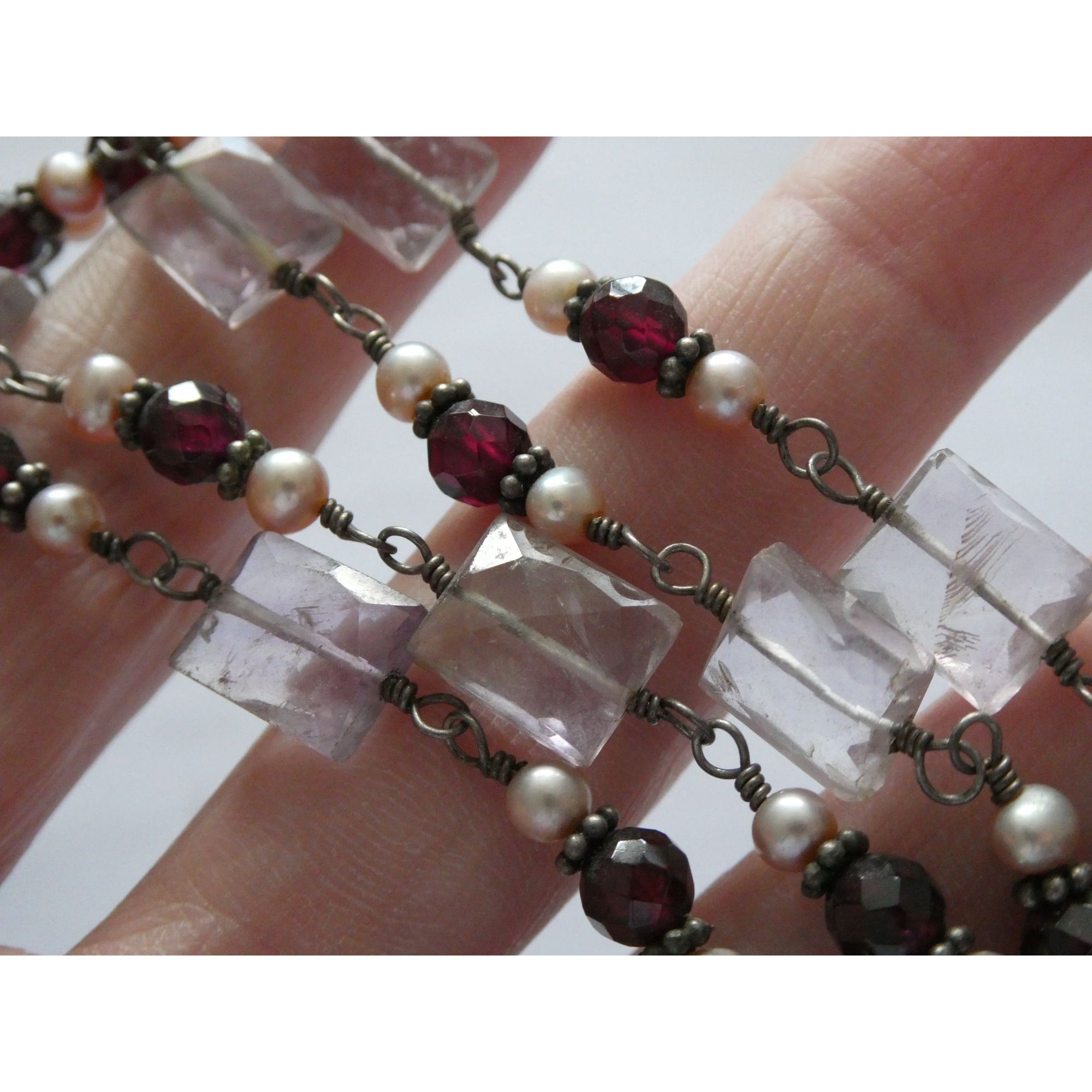 Sterling Silver Amethyst Garnet and Pearl Beaded Necklace 19g 17 Inch Length