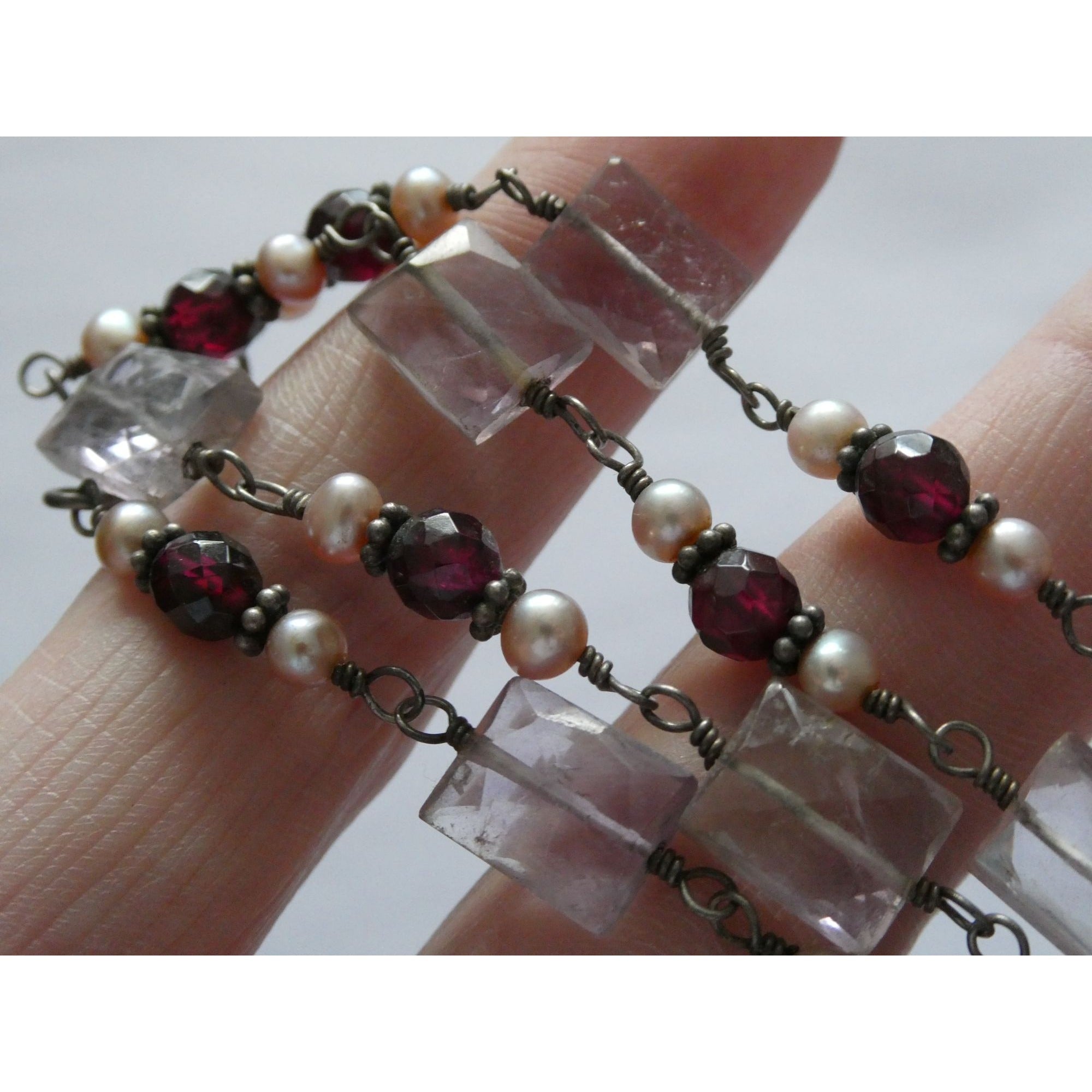 Sterling Silver Amethyst Garnet and Pearl Beaded Necklace 19g 17 Inch Length