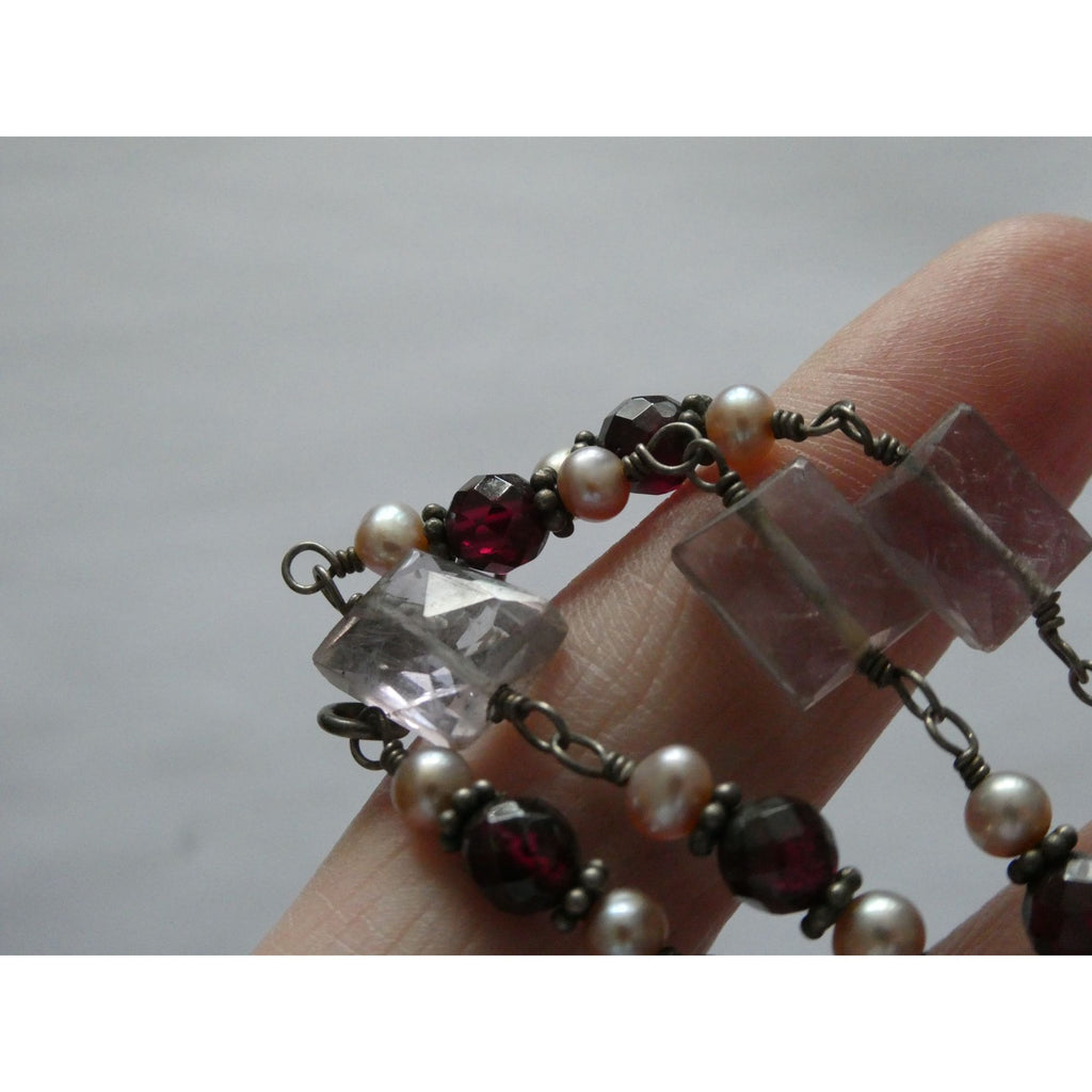 Sterling Silver Amethyst Garnet and Pearl Beaded Necklace 19g 17 Inch Length