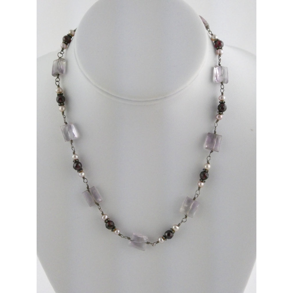 Sterling Silver Amethyst Garnet and Pearl Beaded Necklace 19g 17 Inch Length