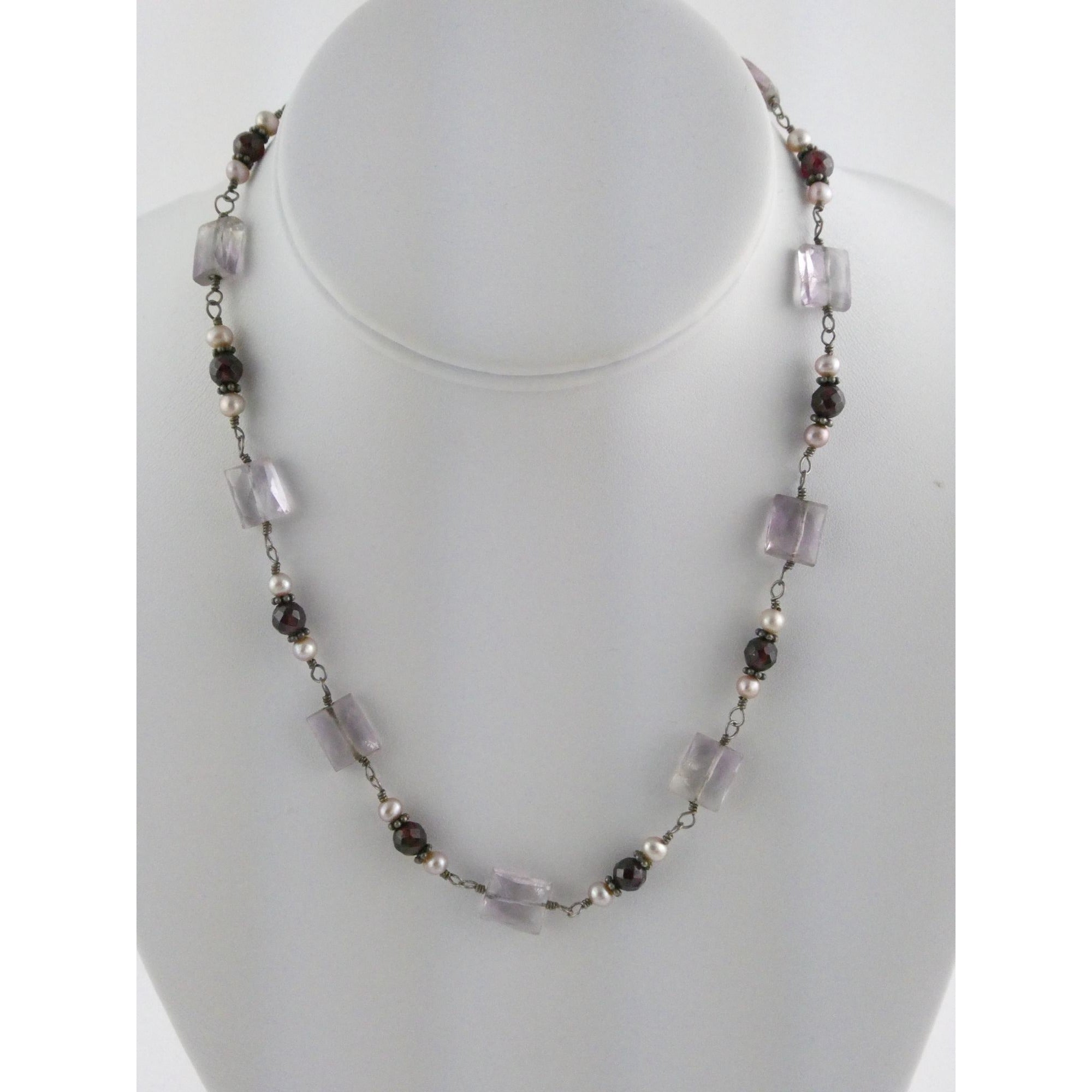 Sterling Silver Amethyst Garnet and Pearl Beaded Necklace 19g 17 Inch Length