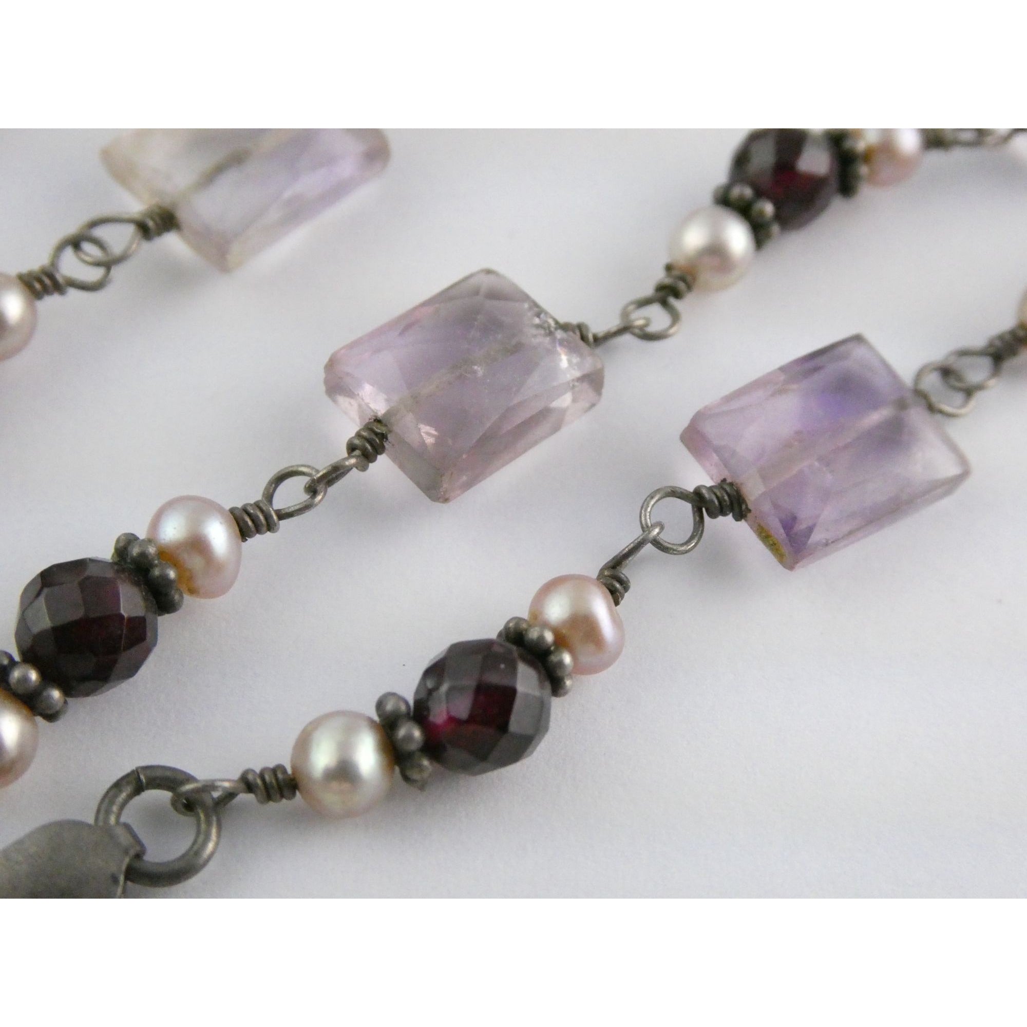Sterling Silver Amethyst Garnet and Pearl Beaded Necklace 19g 17 Inch Length