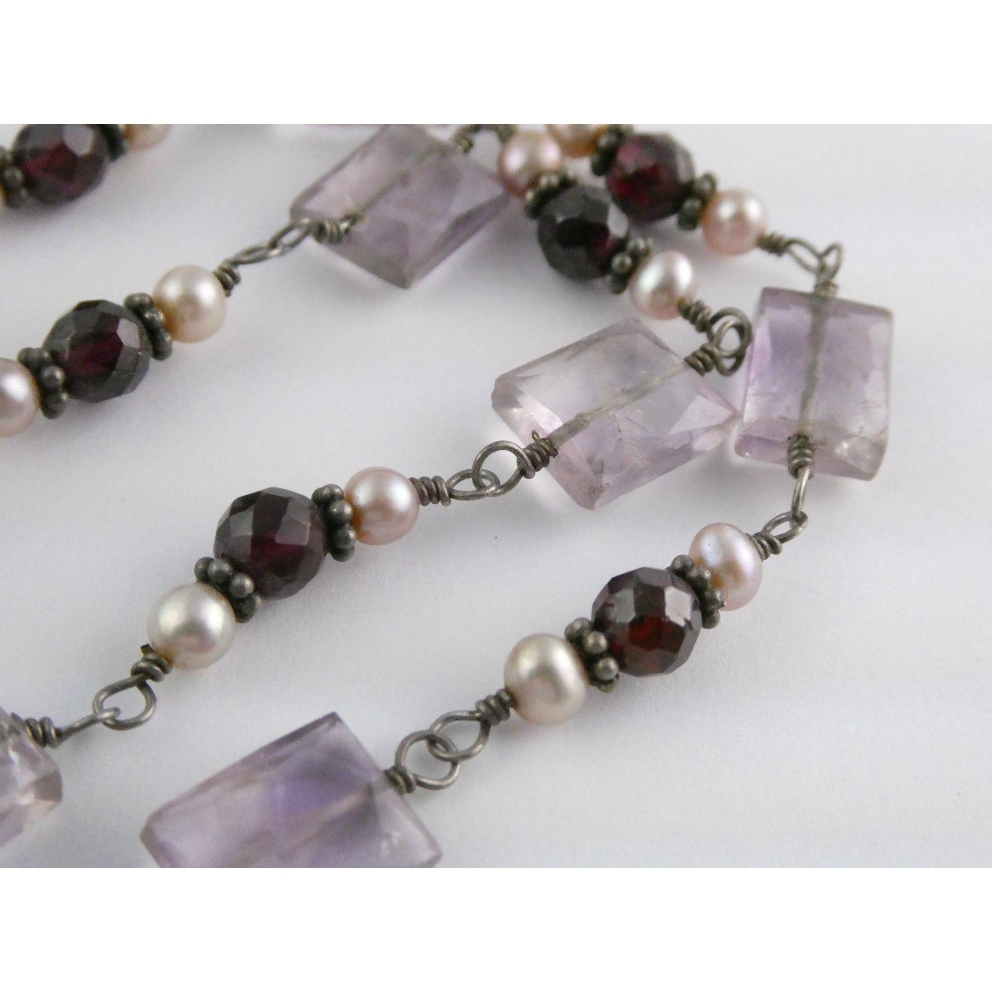 Sterling Silver Amethyst Garnet and Pearl Beaded Necklace 19g 17 Inch Length