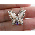 Sterling Silver Amethyst Topaz MOP Shell Butterfly Pendant Necklace 5g 17.5 Inch