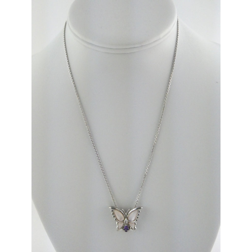 Sterling Silver Amethyst Topaz MOP Shell Butterfly Pendant Necklace 5g 17.5 Inch