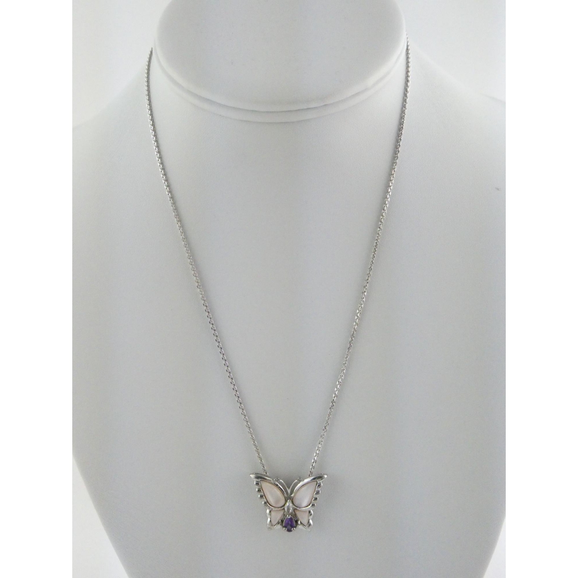 Sterling Silver Amethyst Topaz MOP Shell Butterfly Pendant Necklace 5g 17.5 Inch