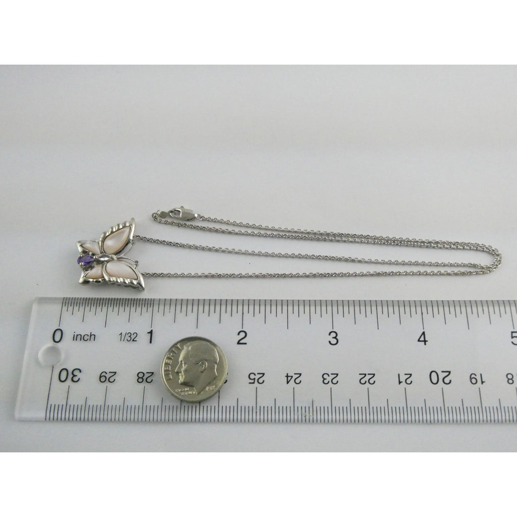 Sterling Silver Amethyst Topaz MOP Shell Butterfly Pendant Necklace 5g 17.5 Inch