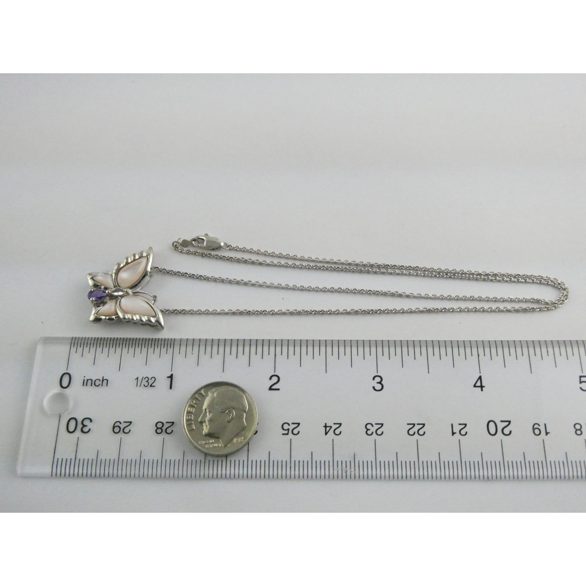 Sterling Silver Amethyst Topaz MOP Shell Butterfly Pendant Necklace 5g 17.5 Inch