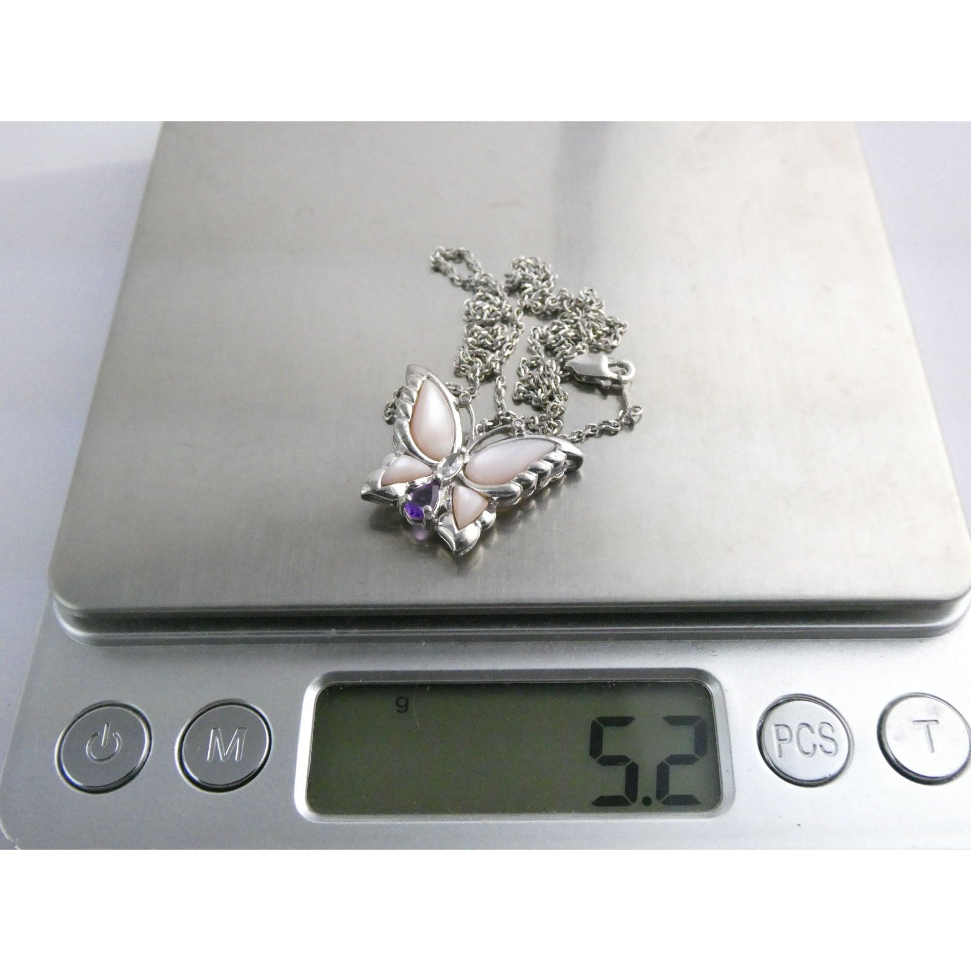 Sterling Silver Amethyst Topaz MOP Shell Butterfly Pendant Necklace 5g 17.5 Inch
