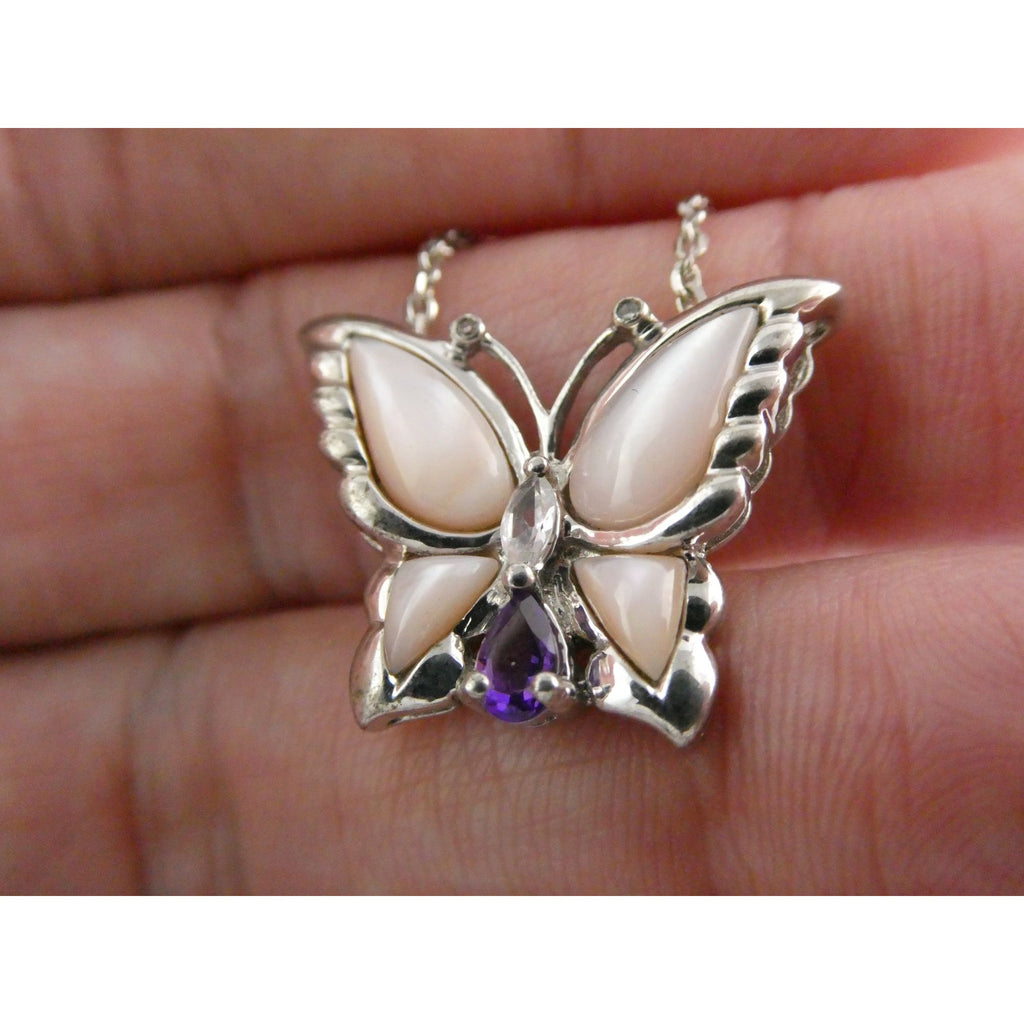 Sterling Silver Amethyst Topaz MOP Shell Butterfly Pendant Necklace 5g 17.5 Inch