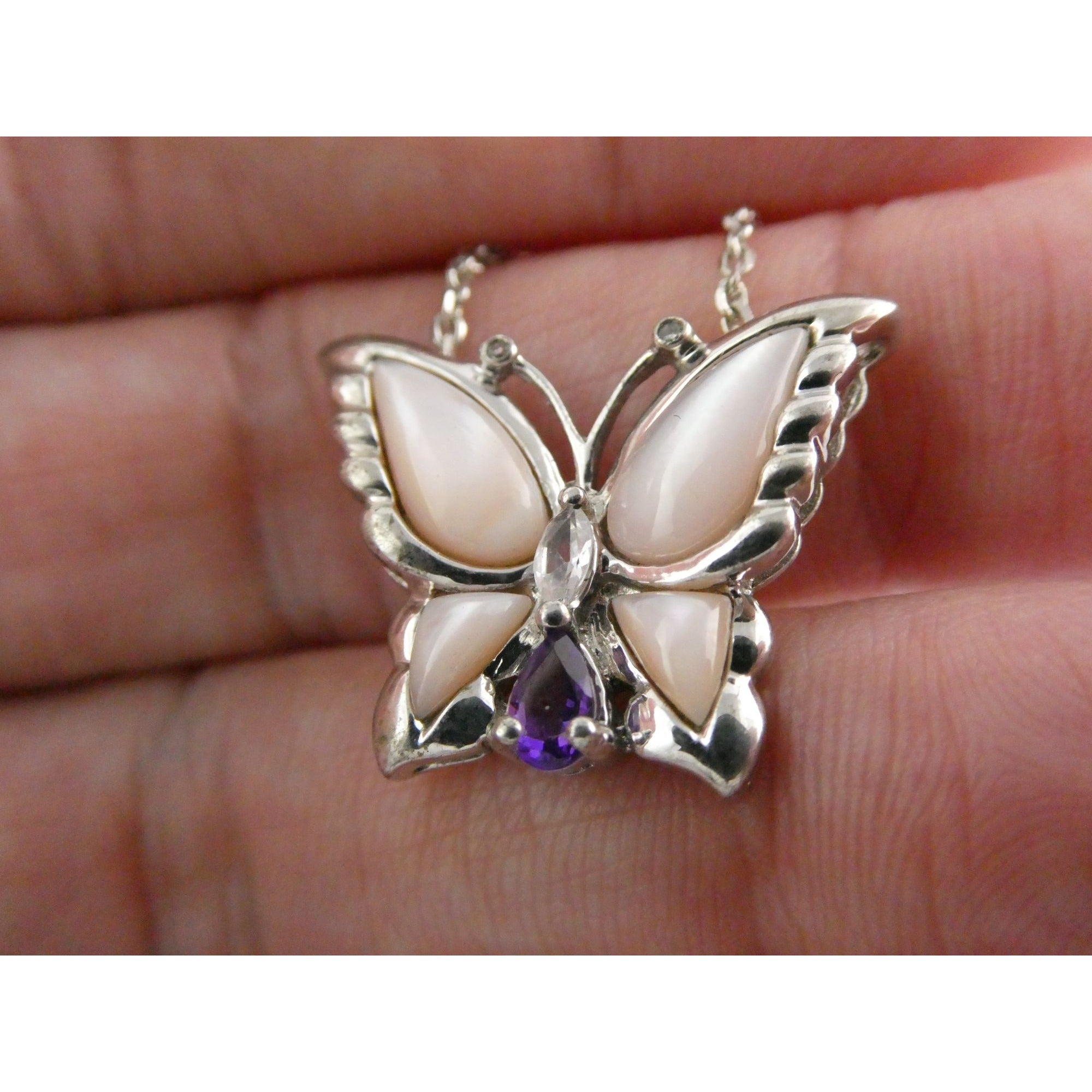 Sterling Silver Amethyst Topaz MOP Shell Butterfly Pendant Necklace 5g 17.5 Inch