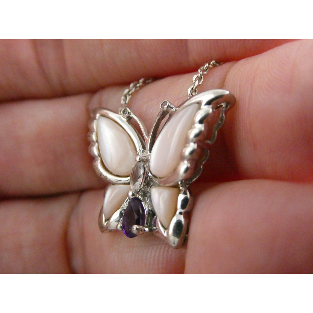 Sterling Silver Amethyst Topaz MOP Shell Butterfly Pendant Necklace 5g 17.5 Inch