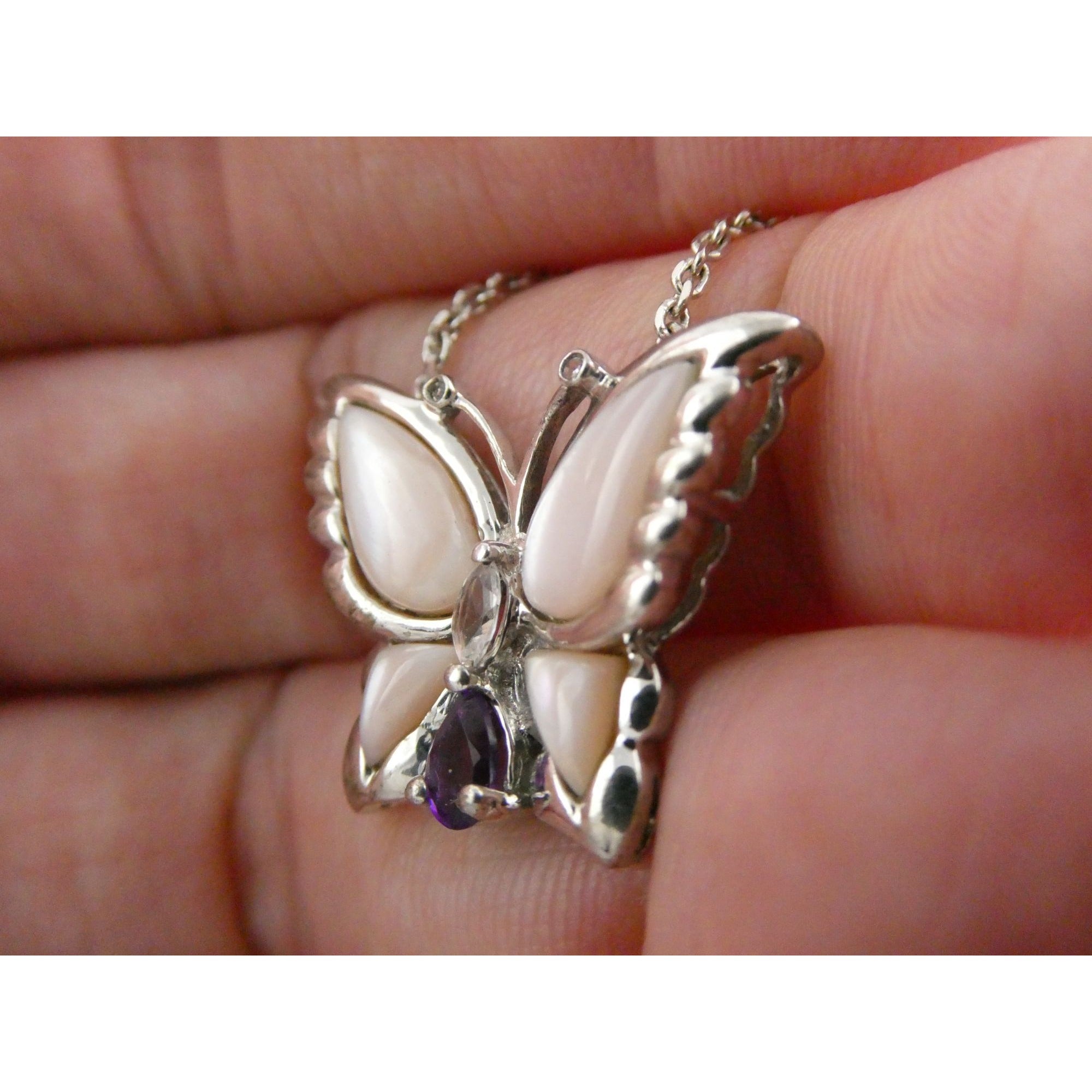 Sterling Silver Amethyst Topaz MOP Shell Butterfly Pendant Necklace 5g 17.5 Inch
