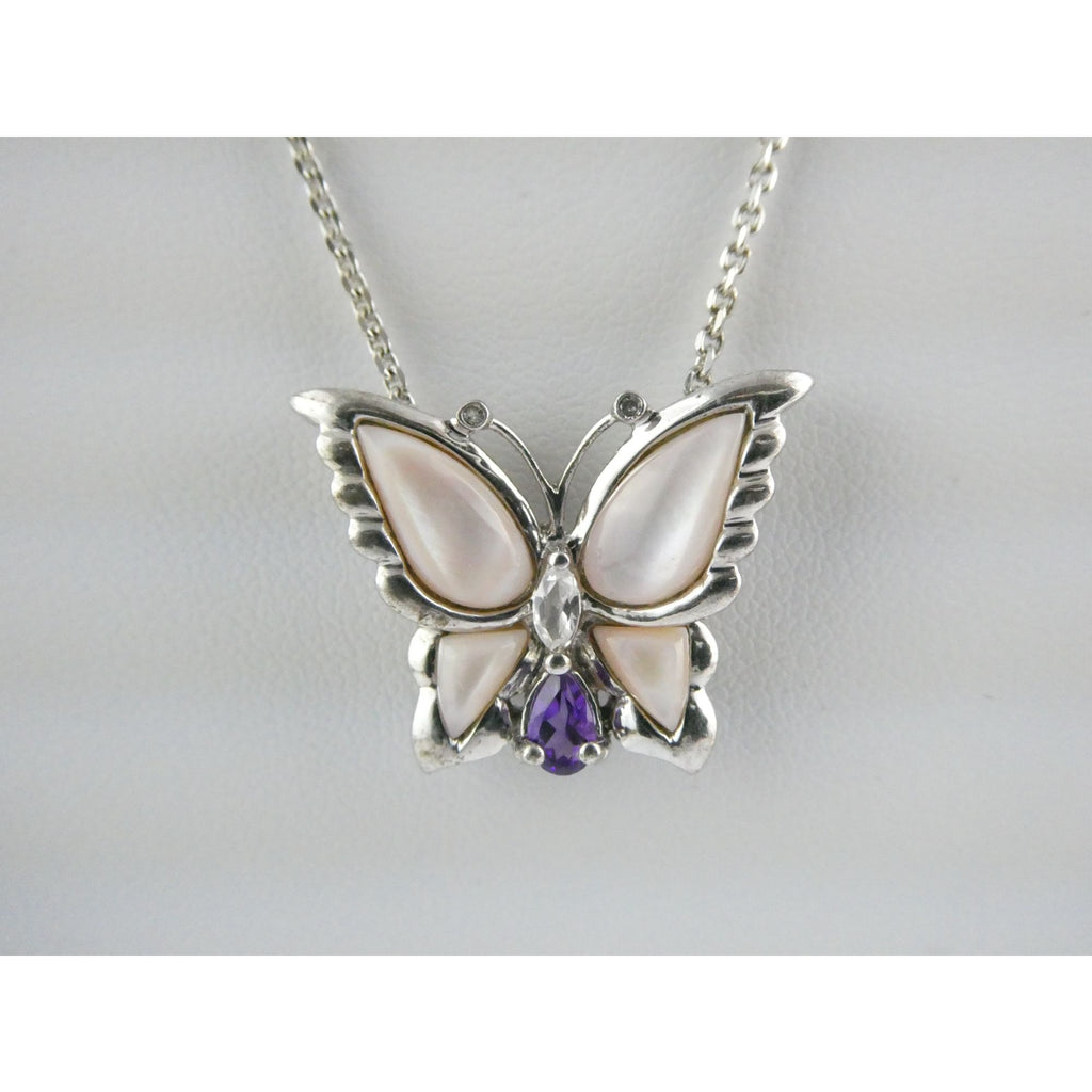 Sterling Silver Amethyst Topaz MOP Shell Butterfly Pendant Necklace 5g 17.5 Inch