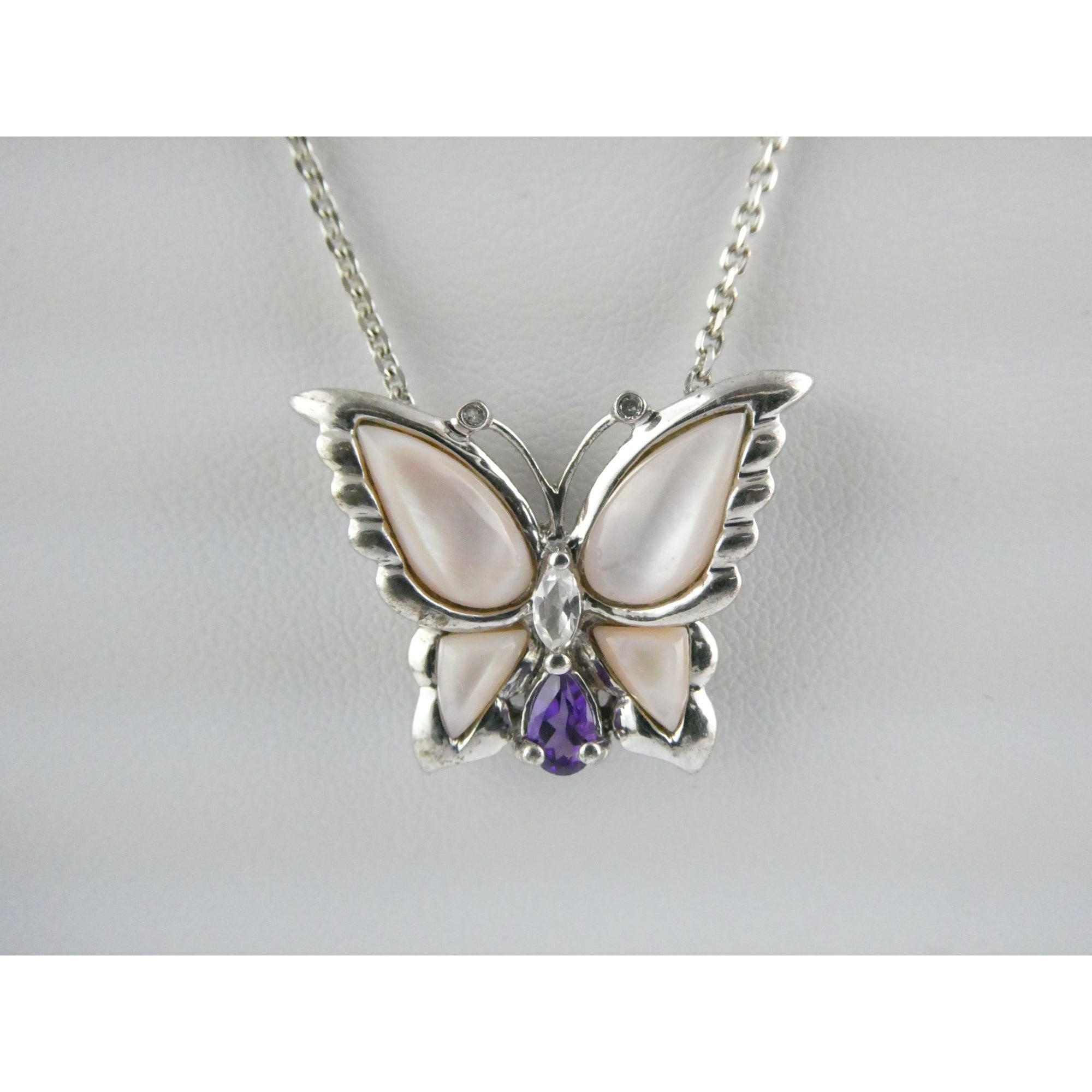 Sterling Silver Amethyst Topaz MOP Shell Butterfly Pendant Necklace 5g 17.5 Inch