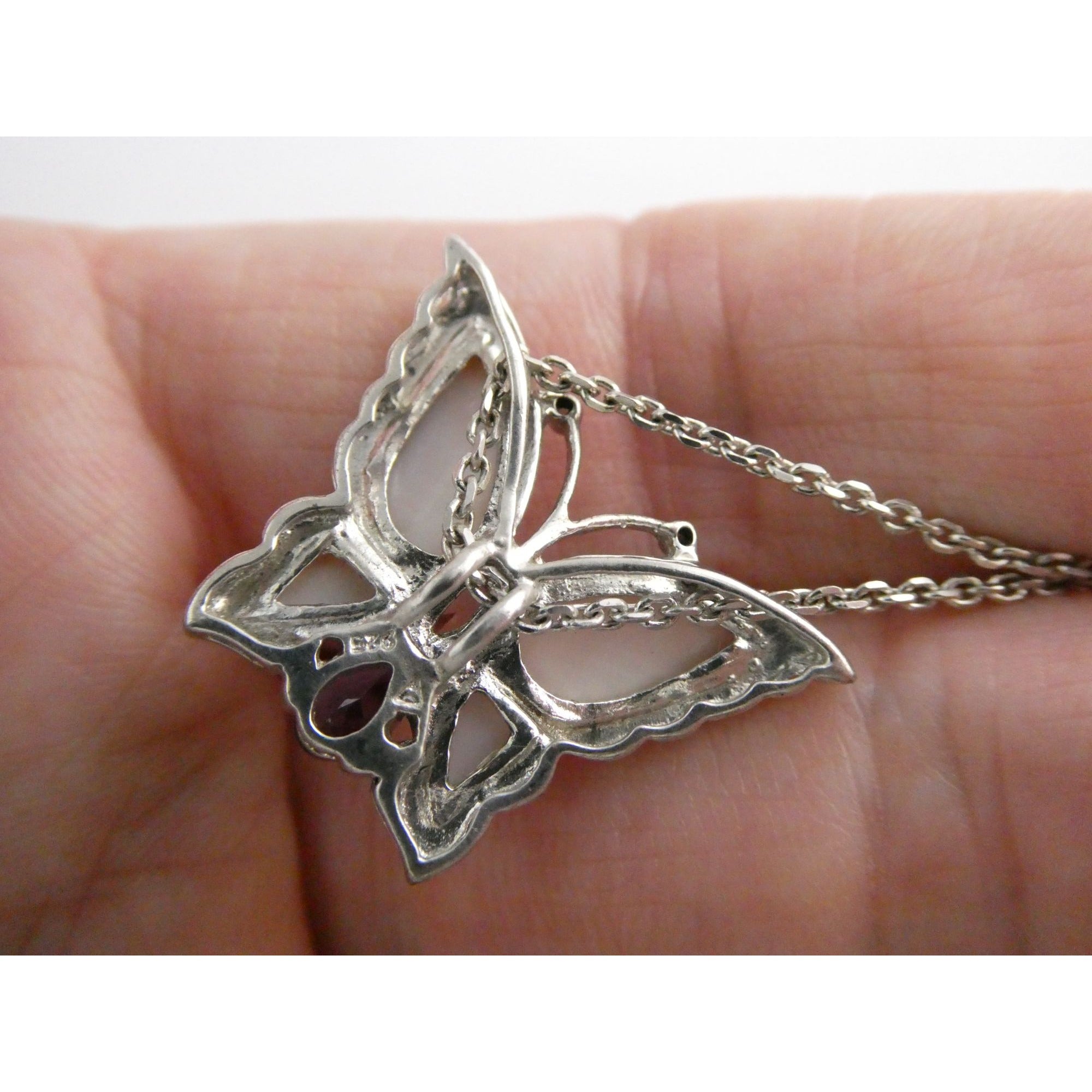 Sterling Silver Amethyst Topaz MOP Shell Butterfly Pendant Necklace 5g 17.5 Inch