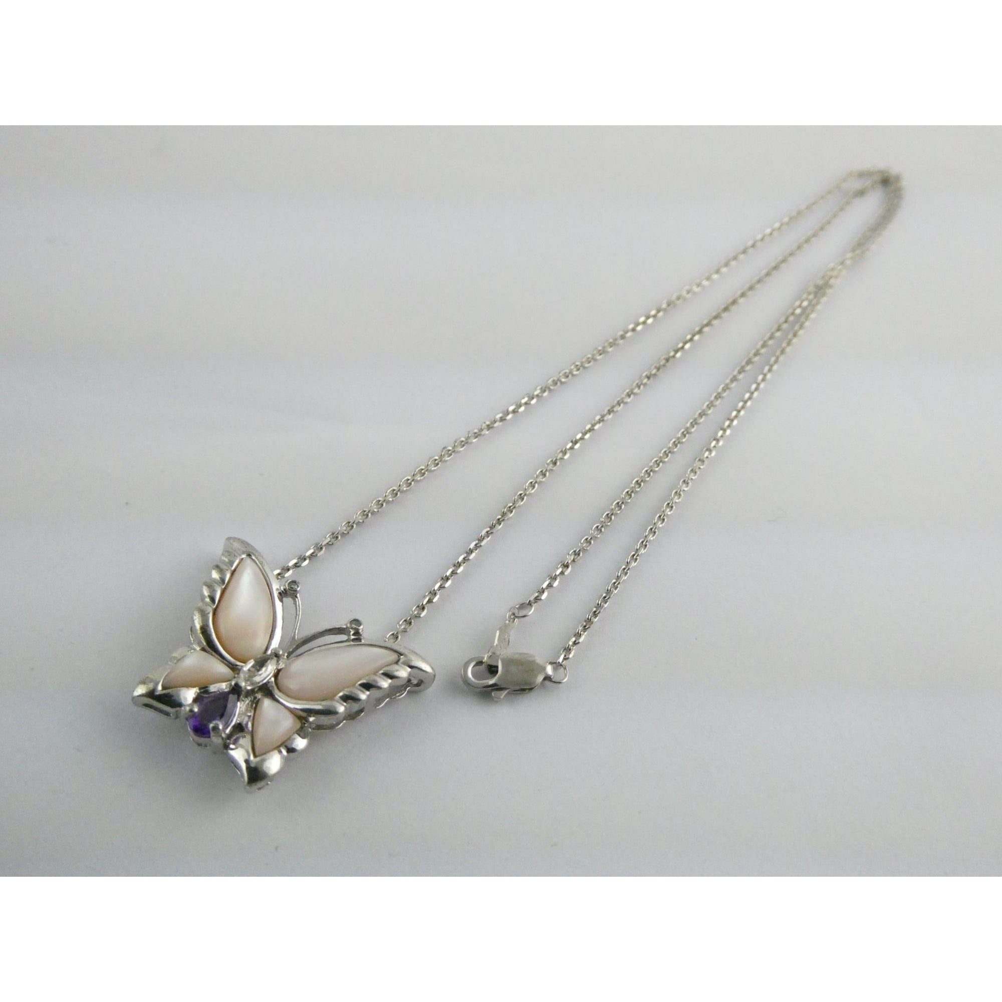 Sterling Silver Amethyst Topaz MOP Shell Butterfly Pendant Necklace 5g 17.5 Inch