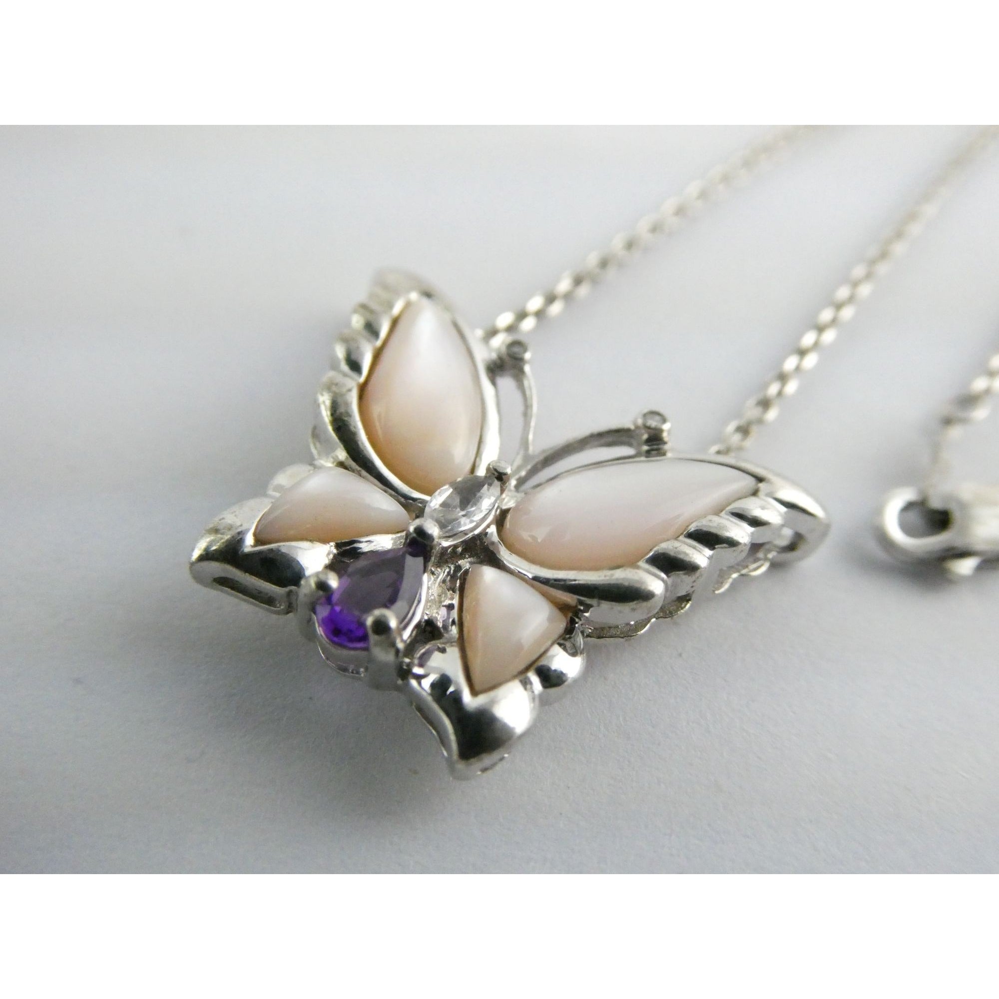 Sterling Silver Amethyst Topaz MOP Shell Butterfly Pendant Necklace 5g 17.5 Inch