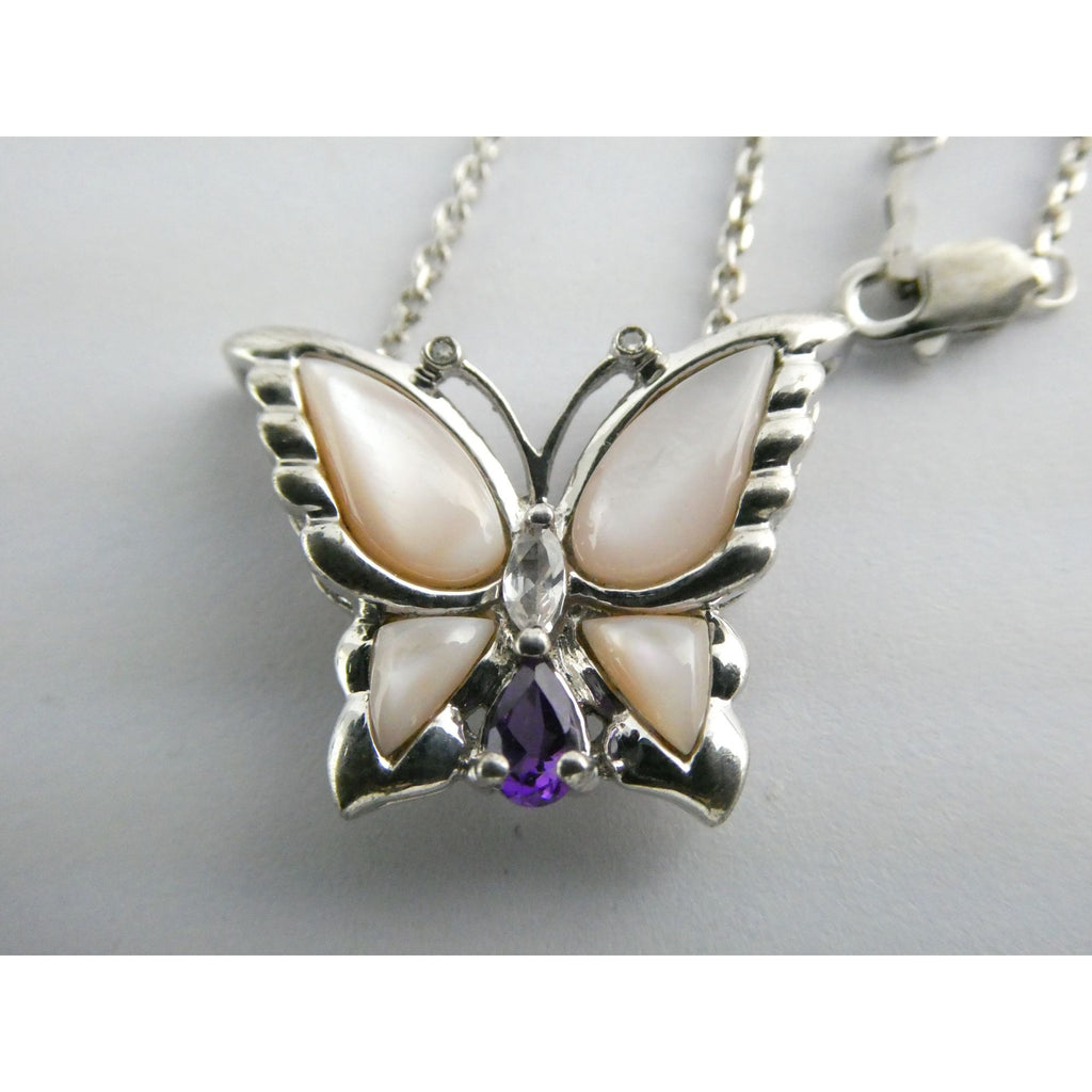 Sterling Silver Amethyst Topaz MOP Shell Butterfly Pendant Necklace 5g 17.5 Inch